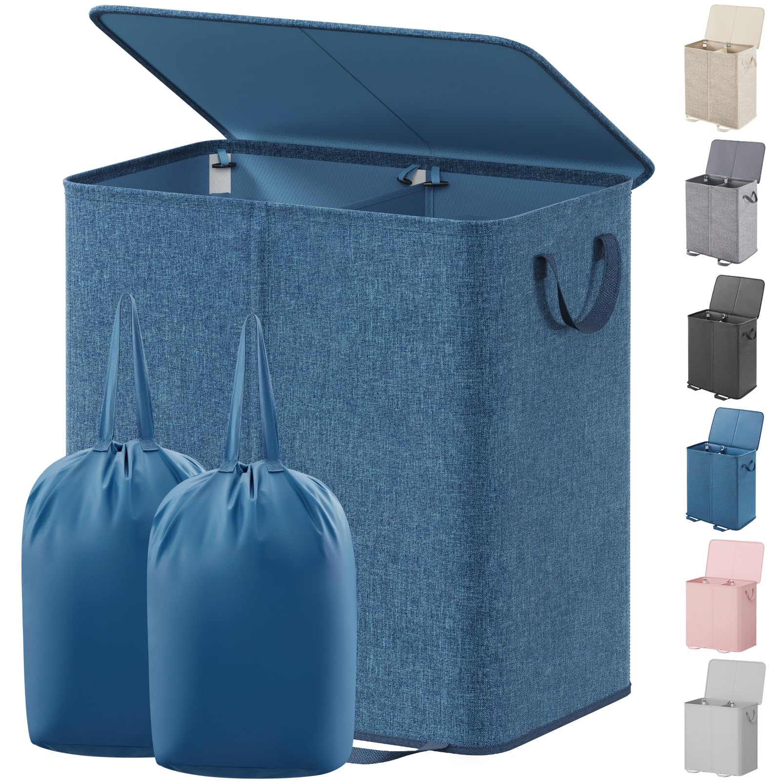 Double Laundry Hamper with Lid and Removable Laundry Bags, Large Collapsible 2 Dividers Dirty Clothes Basket with Handles for Bedroom, Laundry Room, Closet, Bathroom, College, Blue