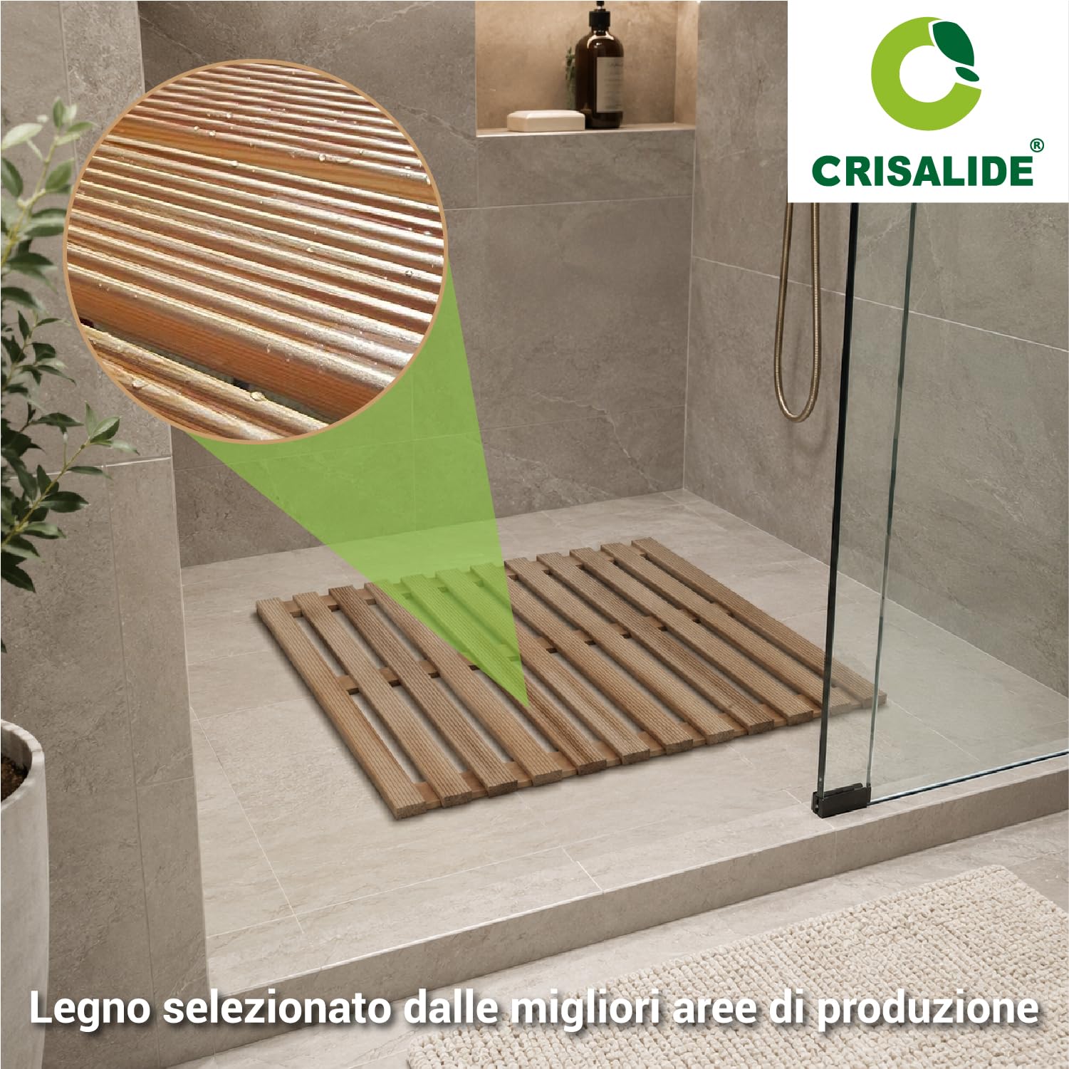 Crisalide® - Pedana Doccia in Legno di Pino Naturale 57x57 cm, Pedana Antiscivolo Waterproof con Doghe Drenanti, Piedini di Appoggio, Tappeto Doccia in Legno per Bagno e Piatto Doccia