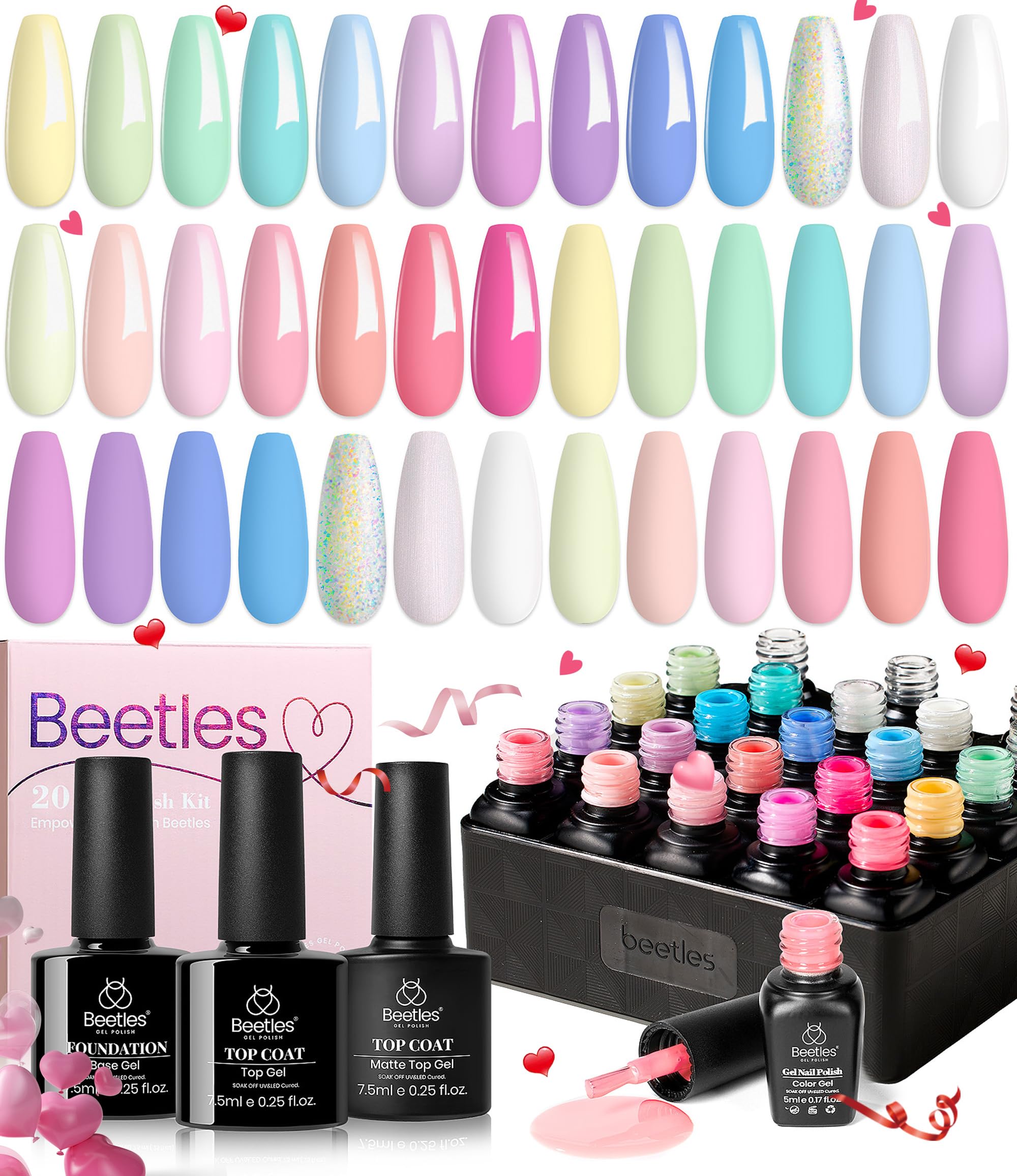 beetles Gel Polish Nail Set 20 Colors Spring Pastel Girly Sparkle Glitter Uv Gel Dreamy Town Collection Macaroon Bright Pastel Nail Manicure Kit with 3Pcs Base Top Coat Gift for Women