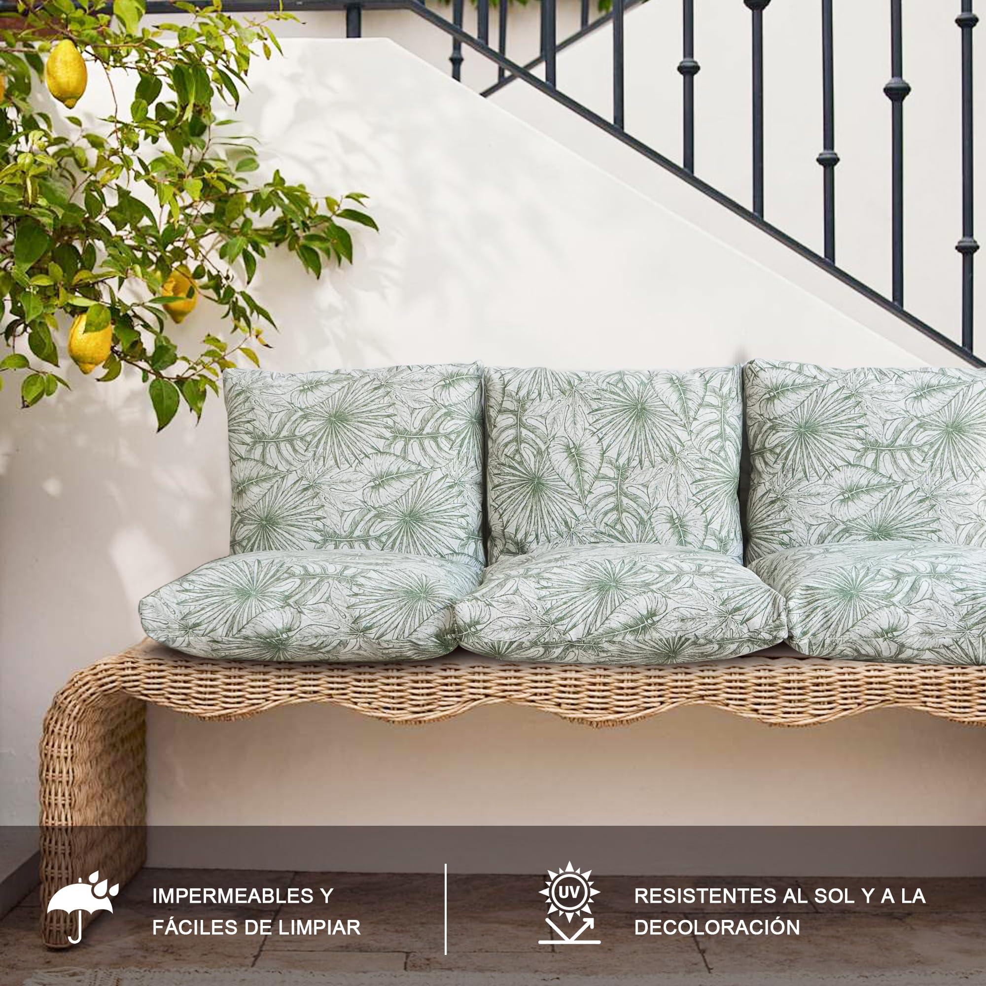 Viste tu hogar Pack 6 Cojines Silla Exterior 40x40cm, Tela Alta Densidad, 50% algodón 50% Poliéster, Impermeables, Resistentes UV Y Desgarro, Lazos De Sujeción,Hoja Gruesa Verde,Fabricado En España