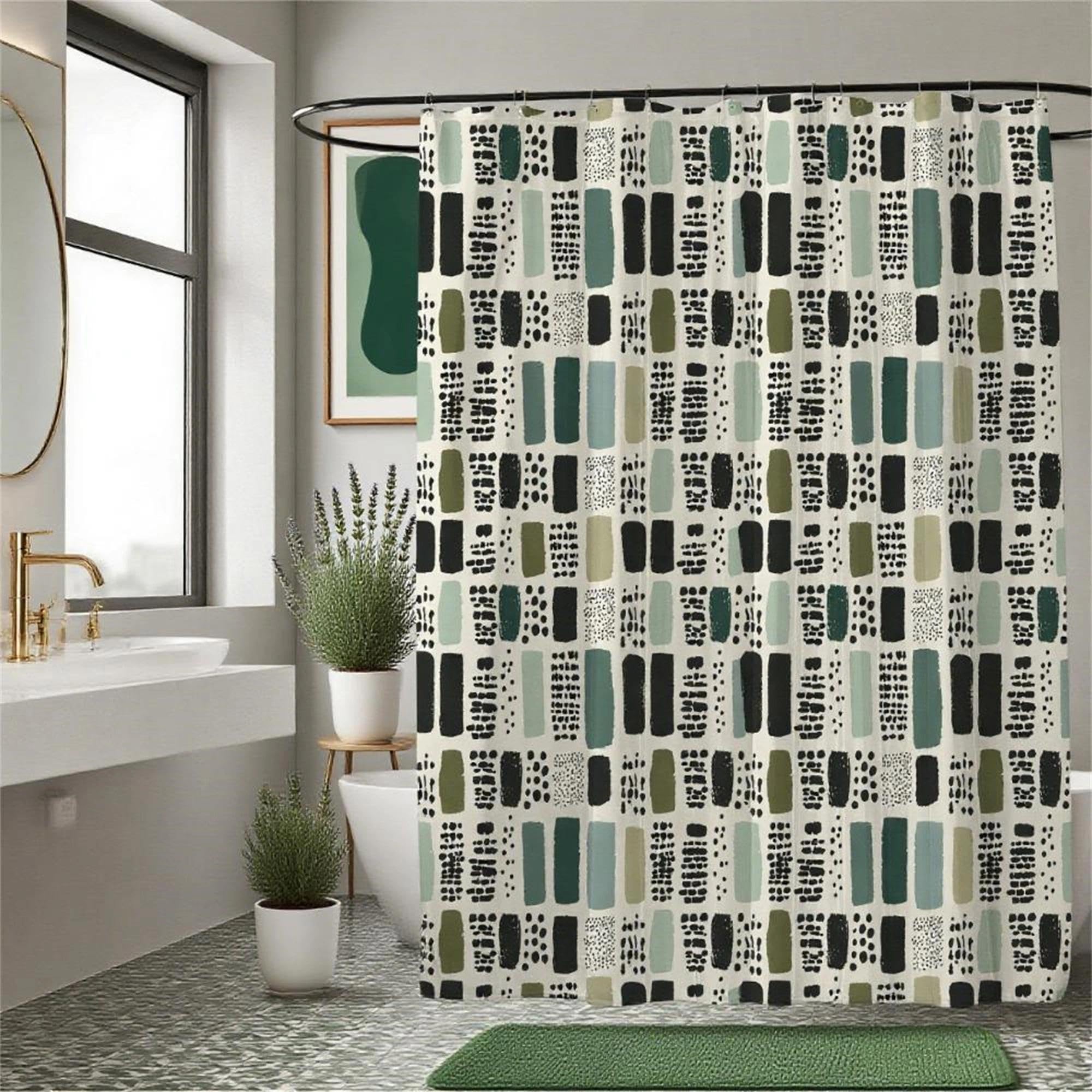 TSLOVER Sage Green Shower Curtain for Bathroom,Bohemian Green Checkered Waterproof Polyester Shower Curtain,Funny Sage Geometric Bathroom Decor,72x72