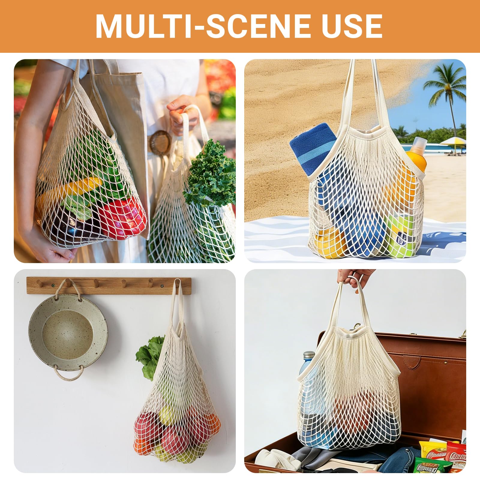 Sacs Filet Réutilisables Lot de 2, Grand Sac Anses Longues et Petit Sac Anses Courtes, Pliable pour Fruits Légumes Pain Plage