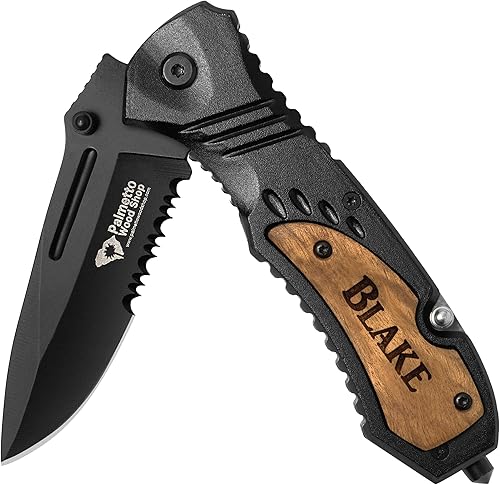 Palmetto Wood Shop Pocket Knife - Laser Engraved Gifts for Men, Custom Knife for Hunting, Camping, Everyday Carry - 3.25-inch Stainless Steel Blade,