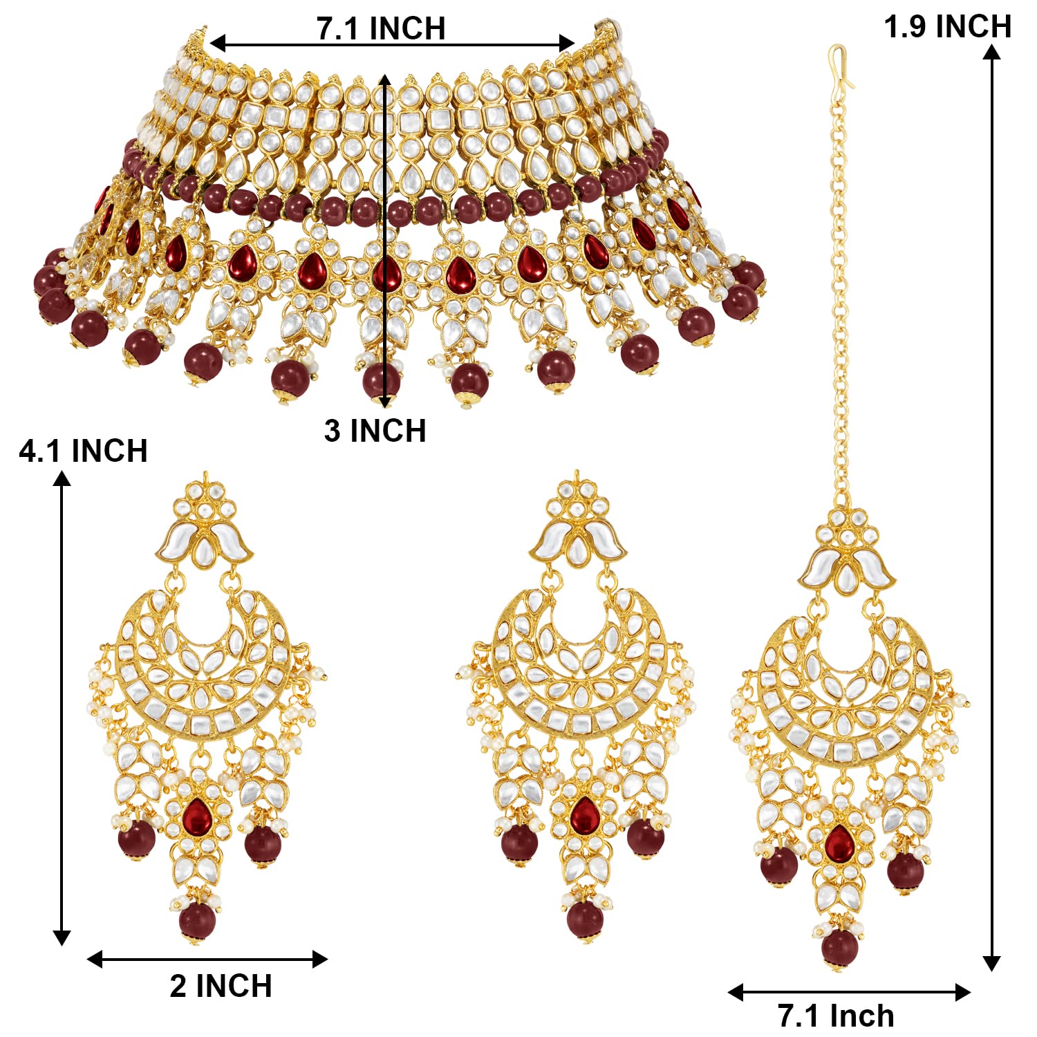Aheli Set di gioielli Maang Tikka placcati in oro con collana girocollo e orecchini, regalo per donne