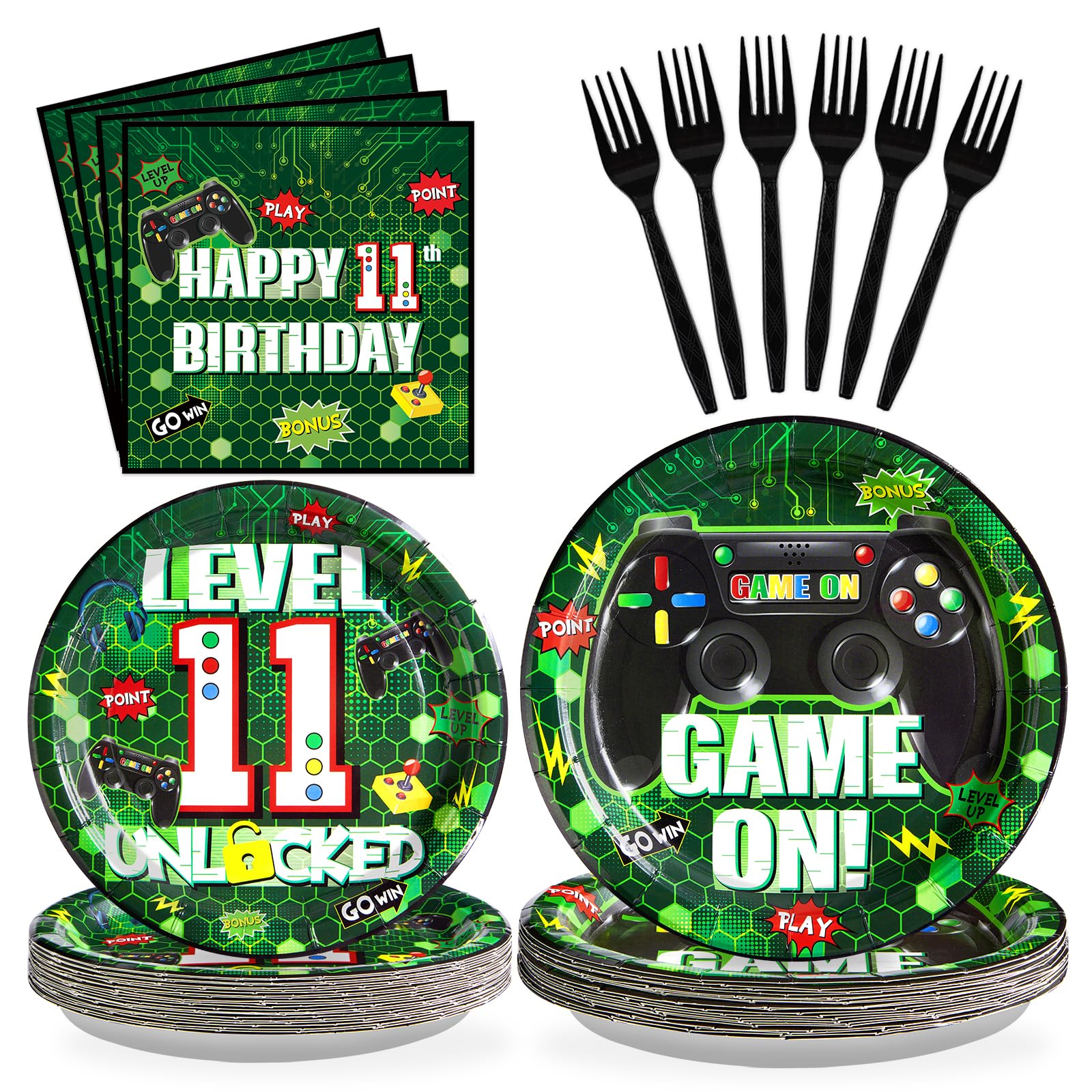 96Pcs 11th Birthday Video Game Party Supplies Green Video Game Paper Plates and Napkins Tableware Sets Gaming 11 Years old Birthday Decorations for