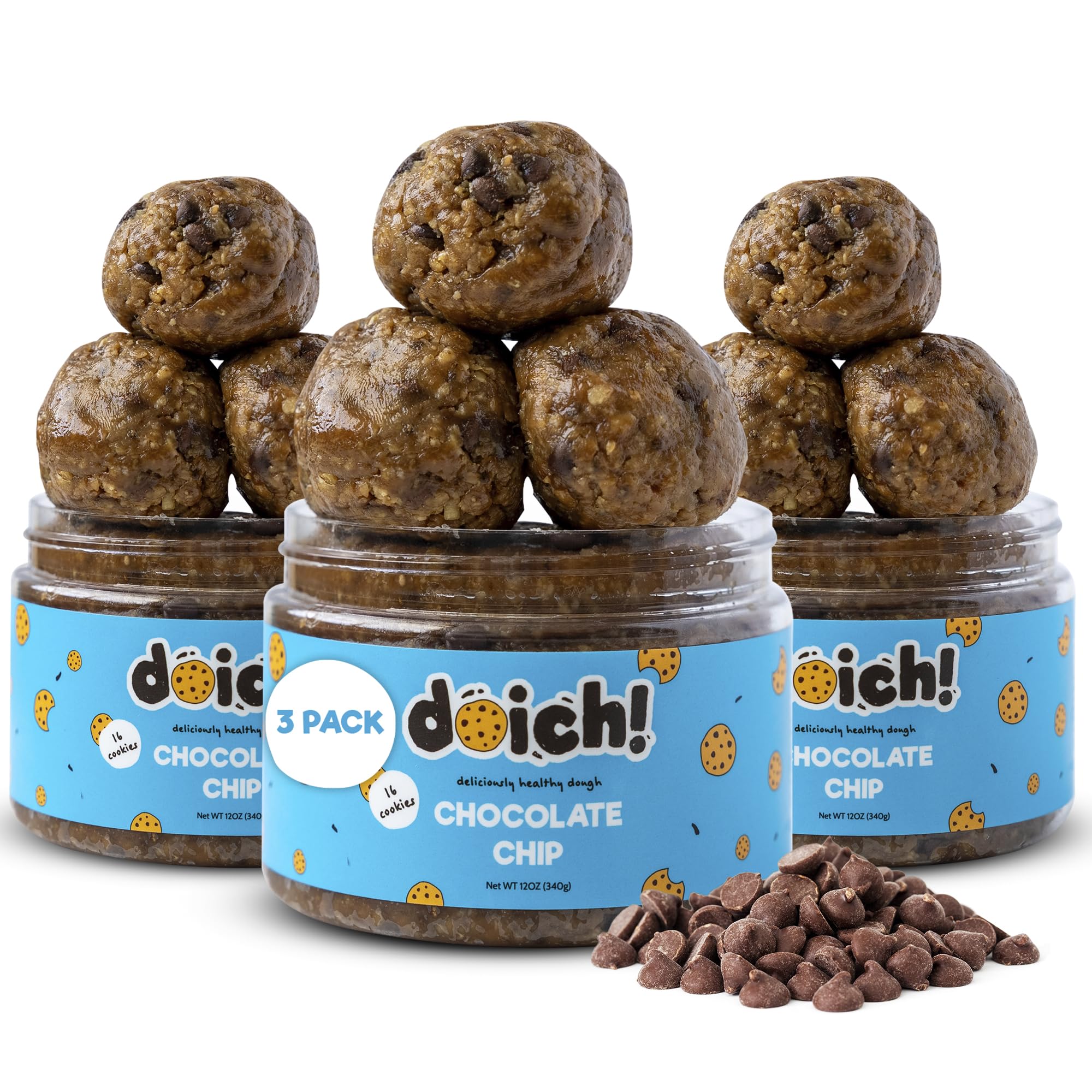 Doich Chocolate Chip Cookie Dough (3-Pack) Healthy Cookies - High Protein, Low Sugar Snack - Baked Goods Dessert - Gluten Free, Vegan, Kosher