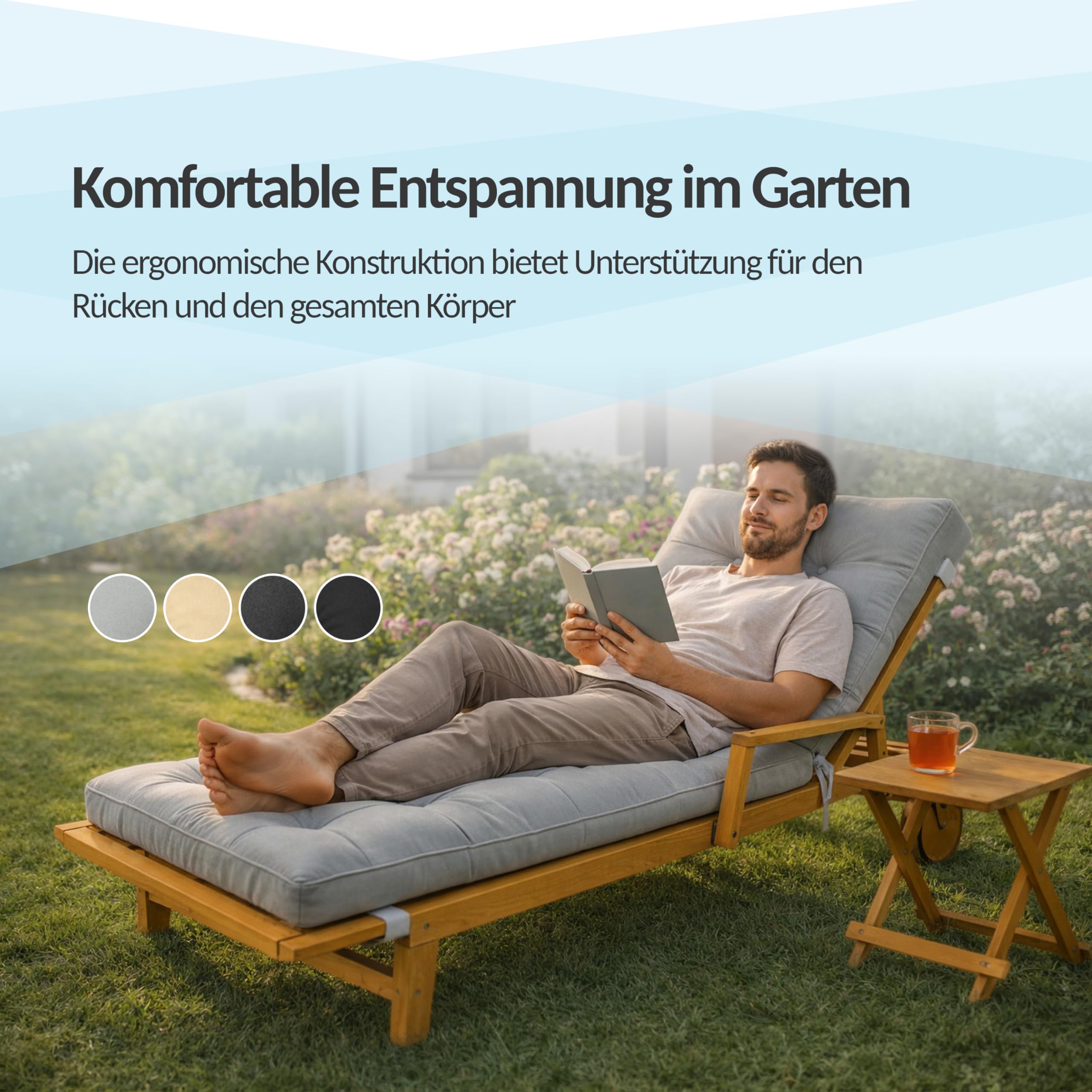 POKAR Liegenauflage 200x60x13 cm | Wasserabweisend | Gesteppte Sonnenliege Auflage | Polsterauflage für Liegestuhl und Deckchair | Outdoor Kissen für Gartenliege | Oeko-TEX | Made in EU | Anthrazit