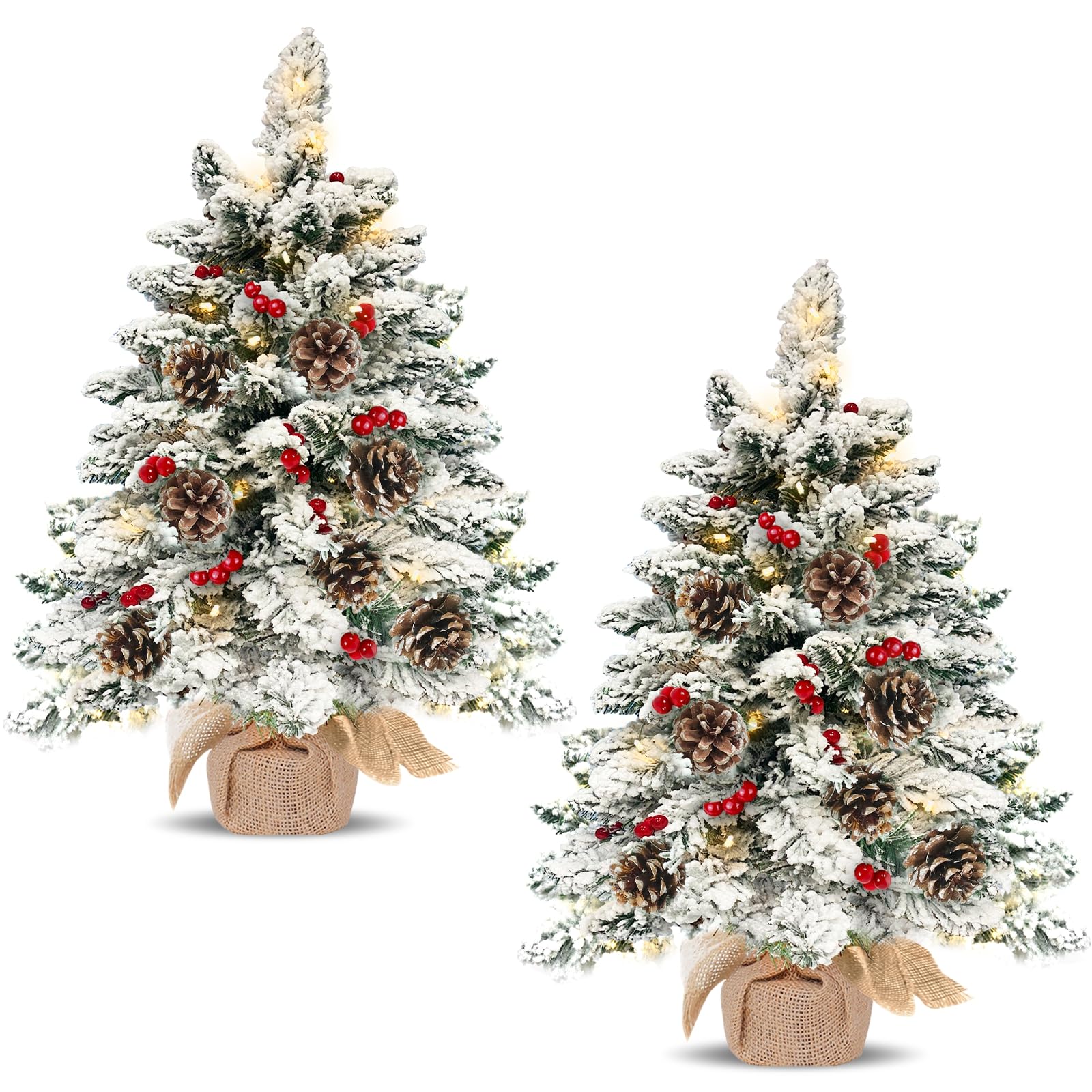 2 Pack 24"/2FT Thick Snow Flocked Tabletop Christmas Tree, Small Christmas Tree with 50 Lights Timer Battery Operated 70 Snowy Branches 24 Red Berries 8 Pinecones Burlap Base Xmas Decor Indoor Home
