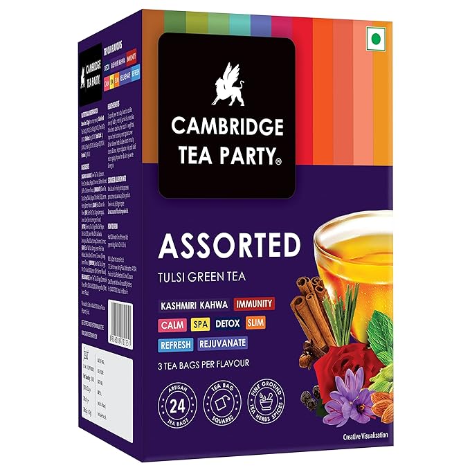 Cambridge Tea Party Mix, Assorted Tea, Sampler Pack, 36 Tea Bags, Cleanse Pure Light Green, Spa Lemon Lime Lemongrass, Calm Chamomile, Detox Kahwa, Slim Orange, Refresh Tulsi Mint, 6 tea bags each at Rs. 99