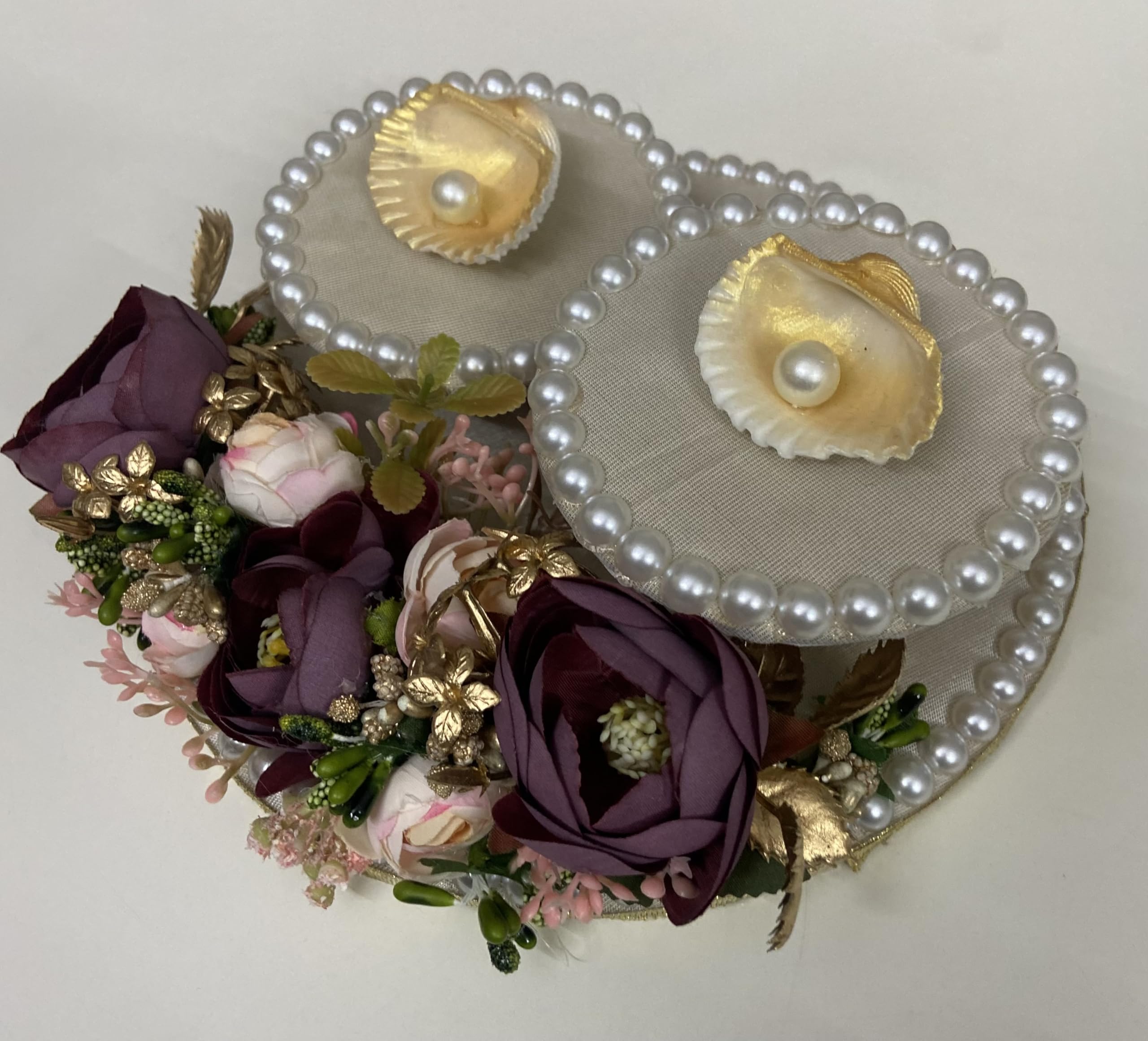 DEFLY Elegant Pearl-Trimmed Ring Platter with wine Roses and Gold Accents, Decorative Wedding Engagement Ring Holder Tray with Floral Design