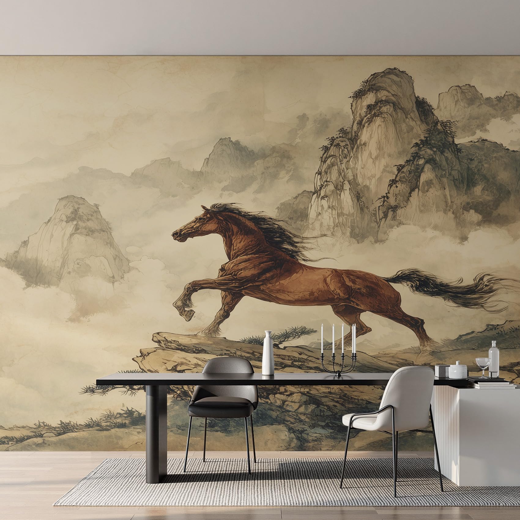Papier peint panoramique cheval à encre chinoise fresque murale intissé salon 500x350cm