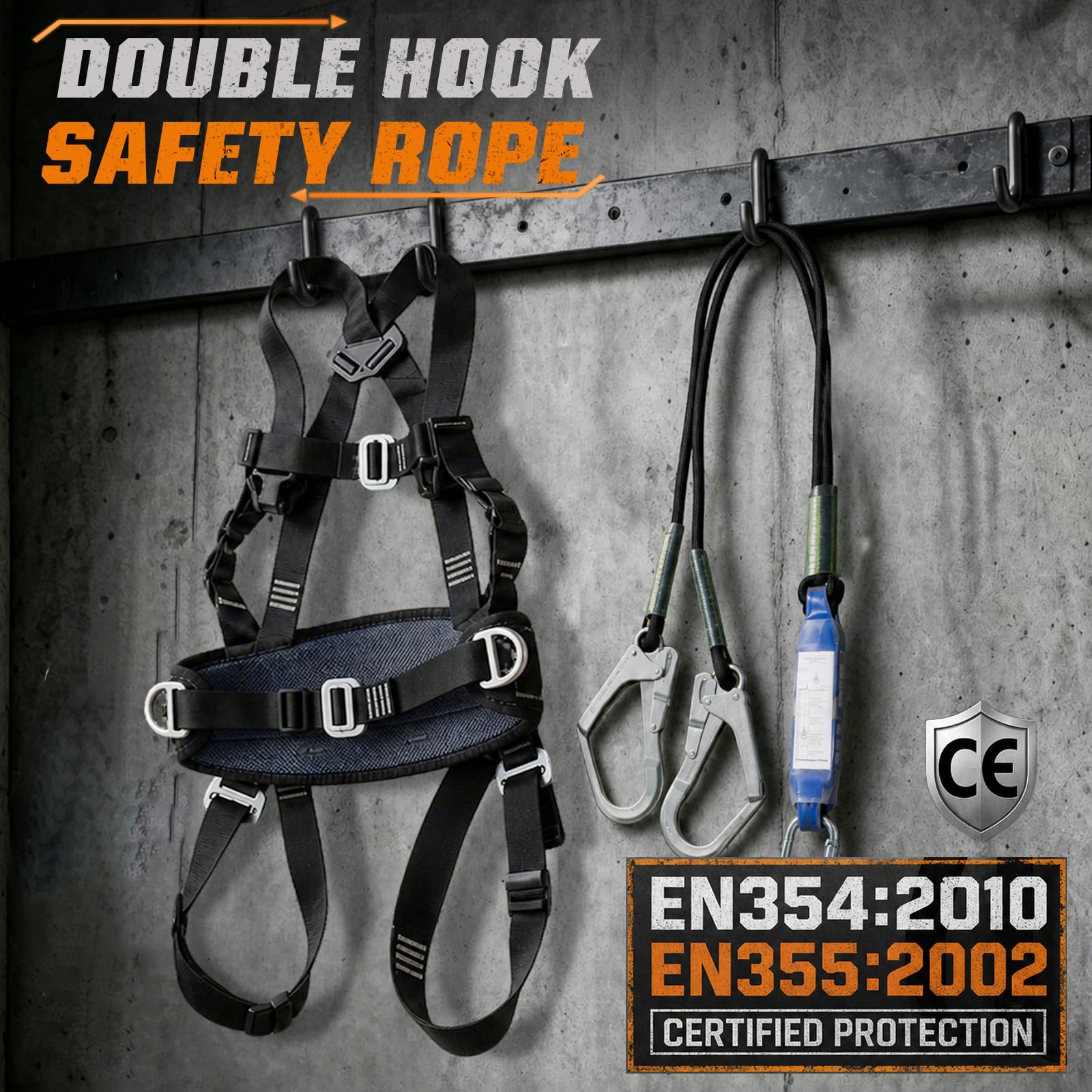 WingFly Ceinture SéCurité Anti-Chute, Kits Antichute De Sécurité 5 Points, Ergonomique Réglable Protection Antichute Baudrier Escalade,Max 150kg, avec 2 x Grandes Boucles et 2 x 1.8 m Longes