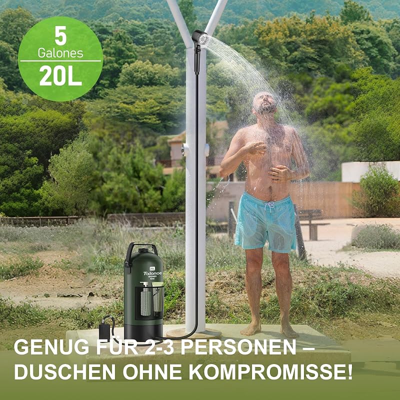 Tadomoe 20L Napelemes Kemping Zuhany Pumpával - Hordozható PVC Zuhanyzó Táskával és Zuhanyfejjel, Kempingezéshez, Túrázáshoz, Utazáshoz, Zöl