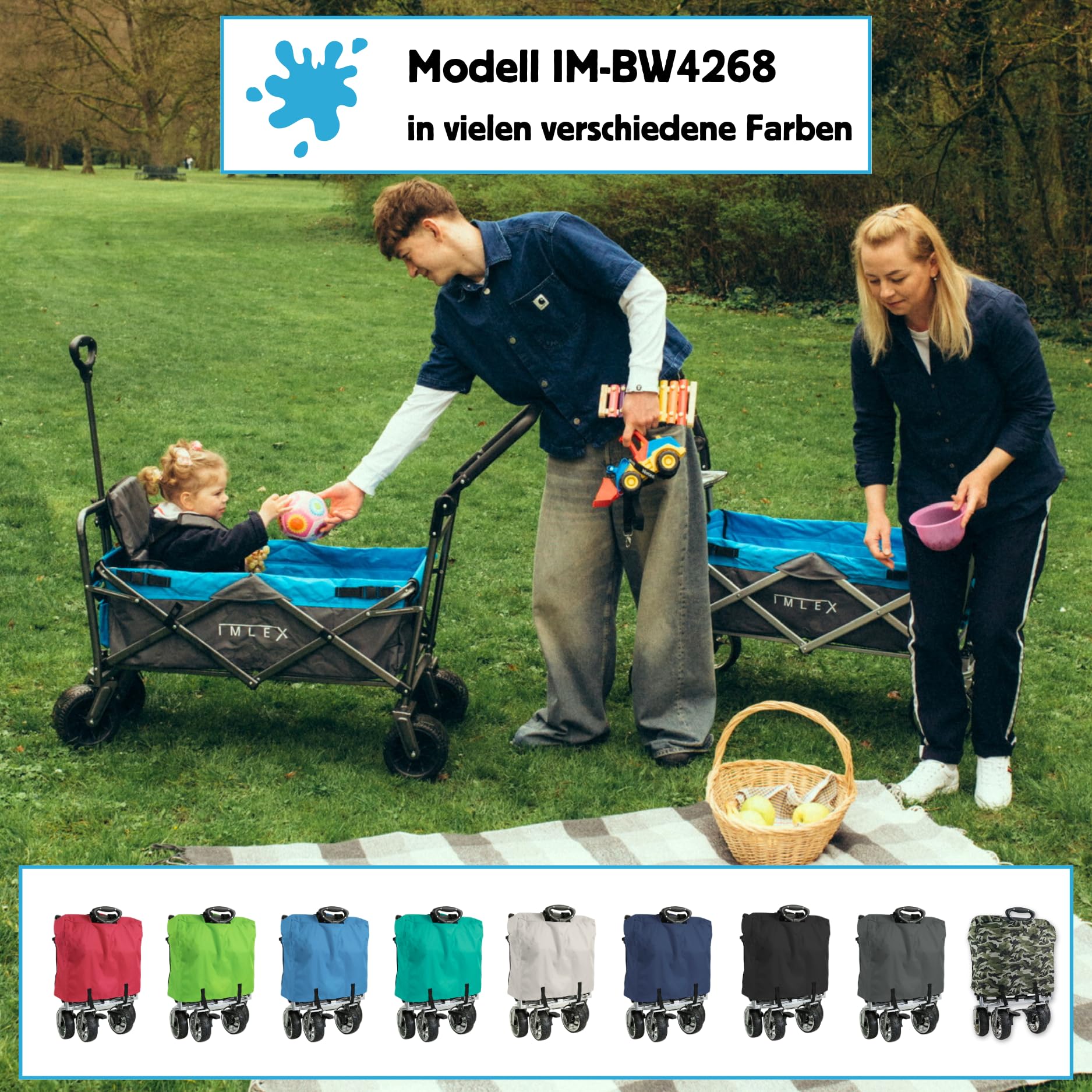 IMLEX Bollerwagen faltbar XXL mit UV Dach – Handwagen für 2 Kinder bis 80 kg – klappbar mit Schiebegriff & Zugstange – Geländereifen – ideal für Strand, Camping, Garten, Zoo & Freizeit IM-4268 Blau