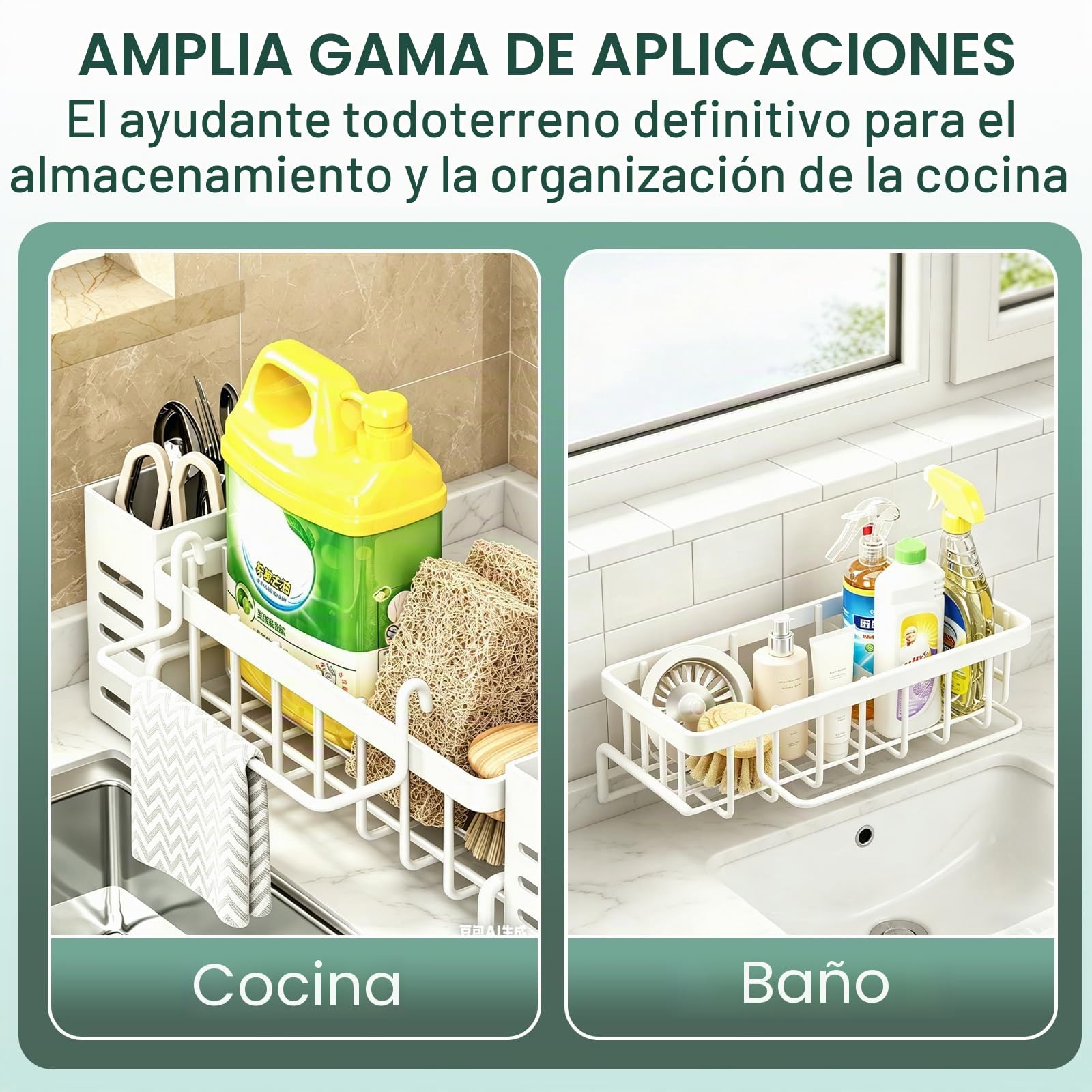 Organizador Fregadero Cocina,Soporte Esponja Fregadero de Metal,Organizador para Fregaderos de con Soporte Para Paños de Cocina,Desagüe Automático,Organización para Cepillos,Esponjas,Jabón(Blanco)