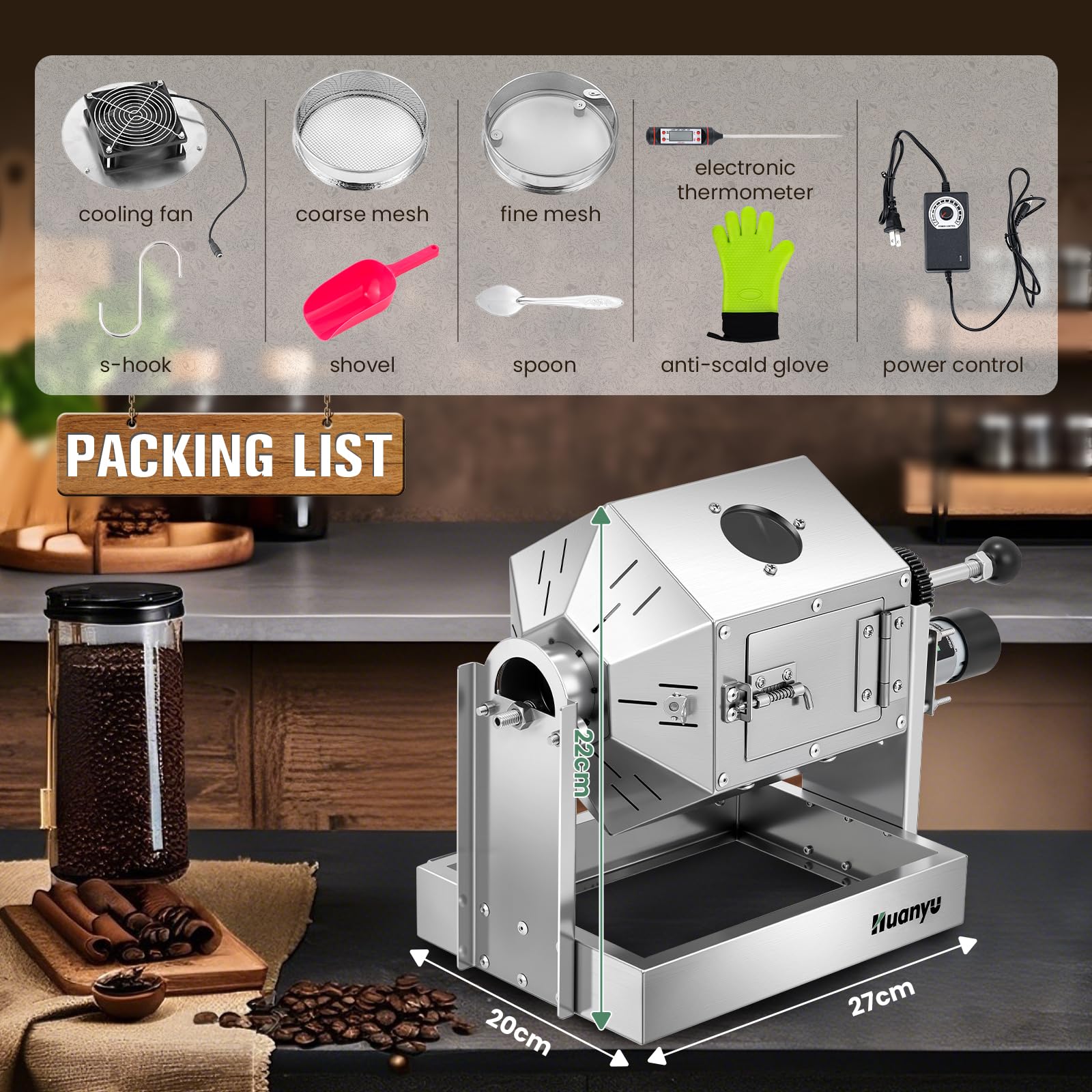 Huanyu Kaffeeröster mit Kaffeebohnenkühler 500g Kapazität Kaffeeröster Maschine Edelstahl Elektrischer Kaffeebohnenröster Multifunktionaler Röster für Erdnüsse und Körner
