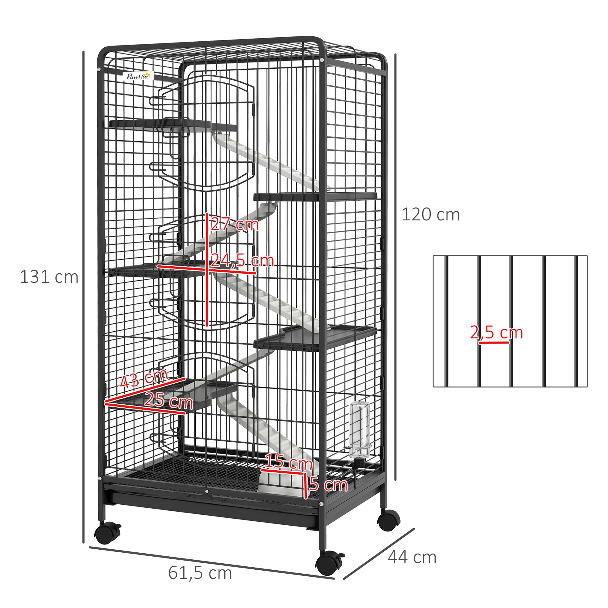 PawHut Klatka dla małych zwierząt z 5 rampami, 5 płaskimi platformami i butelką na wodę 250 ml, zdejmowana dolna taca ze stali, polipropylen, czarna