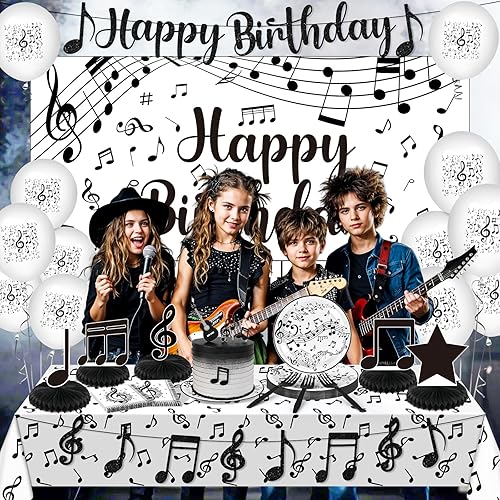 Miniatura 3 de Decoraciones de fiesta musical, nota musical negra, pancarta de feliz cumpleaños, globos, notas, platos, servilletas, mantel, mesa de nido de abeja