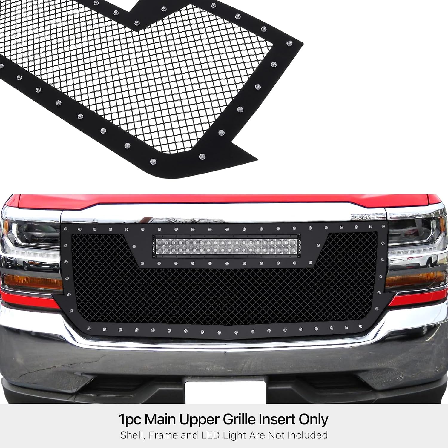 APS Compatible with Chevy Silverado 1500 2016-2018 & 19 1500 LD Main Upper Stainless Steel Black Rivets Stud Mesh with LED Lights Openning Front Grill Grille Insert CL6375D