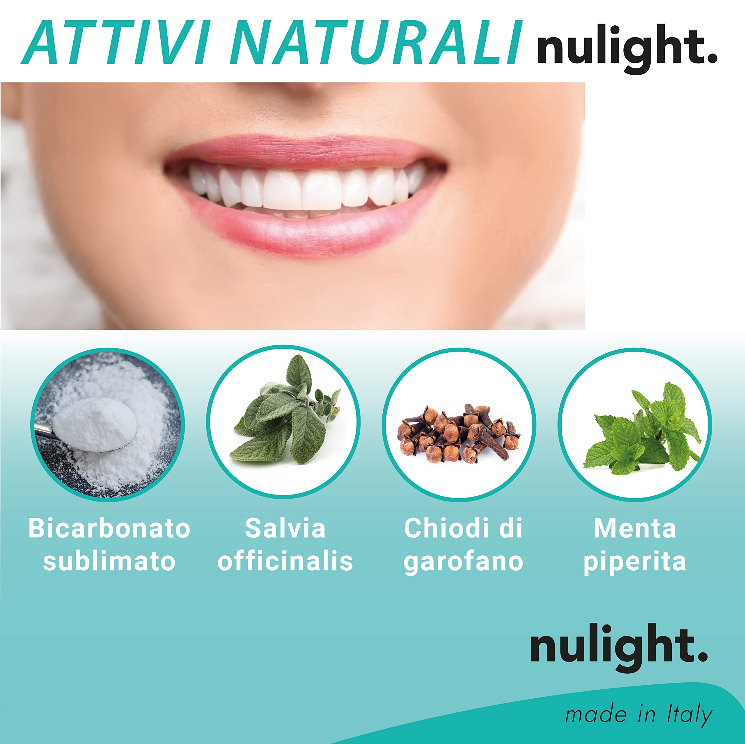 Nulight Dentifricio in Polvere per Sbiancamento Denti Professionale Senza Fluoro per Gengive e Denti Bianchi Sensibili Made in Italy Vegano Bambini e Adulti 50g (1)