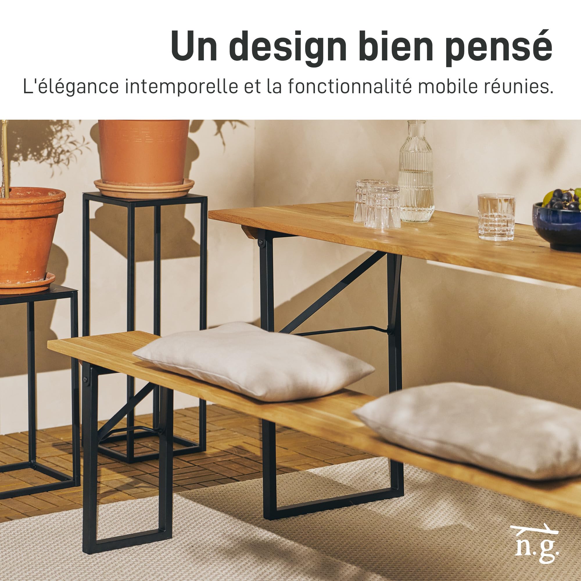 Natural Goods Berlin Lot de 2 bancs de jardin pliables (noir, 43 cm x 23 cm) – Pieds de banc en métal – Structure stable pour jardin, terrasse et camping