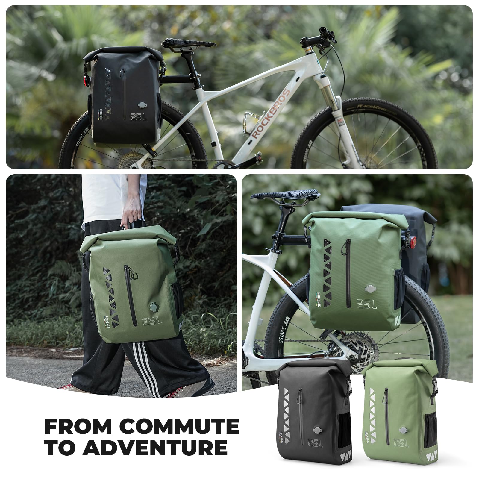 ROCKBROS Road to Sky Borsa Portapacchi Bici 25L Impermeabile | Aggancio Rapido e Stabile, per MTB, Bici da Strada e Trekking, Ideale per Bikepacking e Uso Quotidiano, Verde