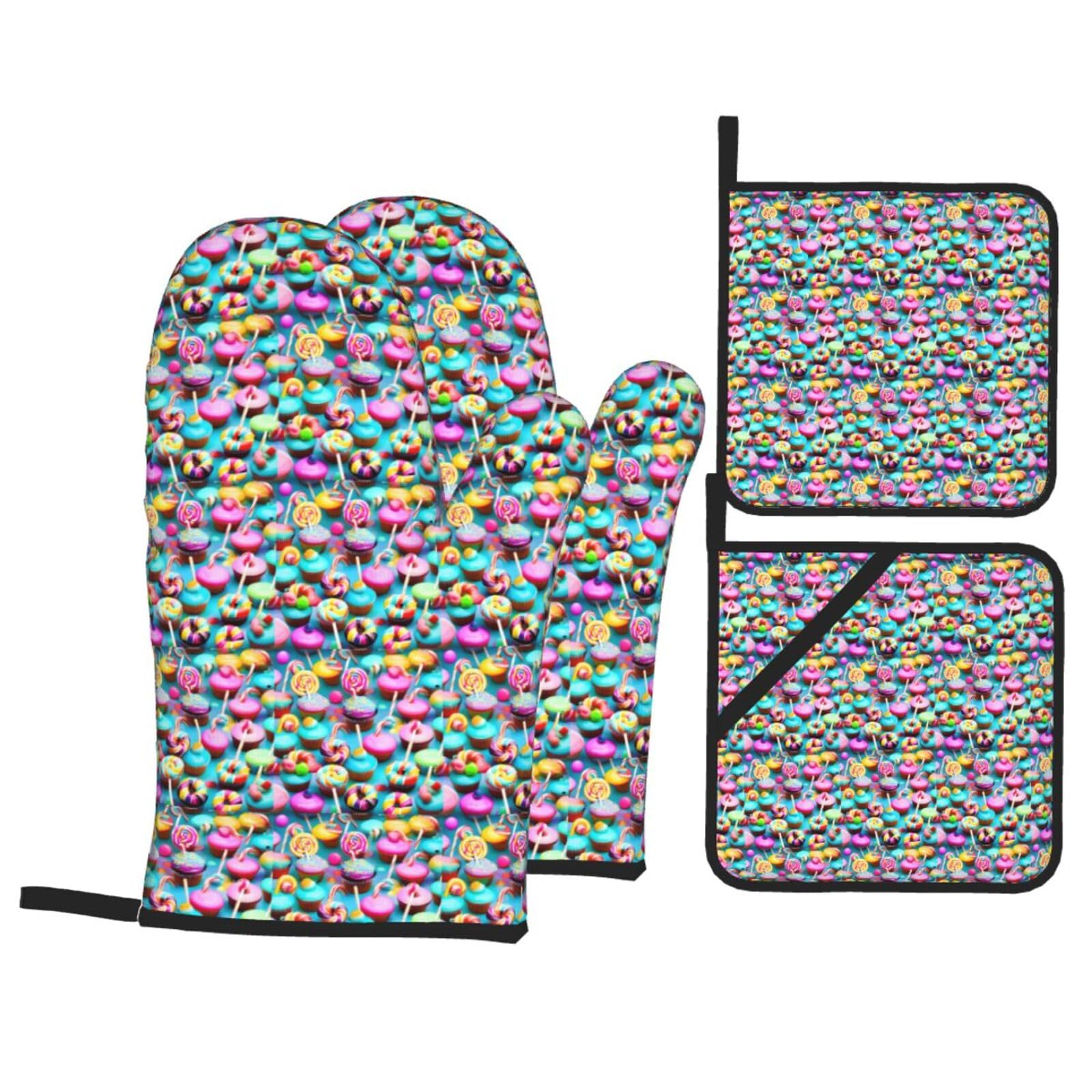 Colorful Sweet Lollipop Cupcake Donut Print 4-Piece Heat-Resistant Oven Waterproof Kitchen Gloves Cooking Roasting Essential