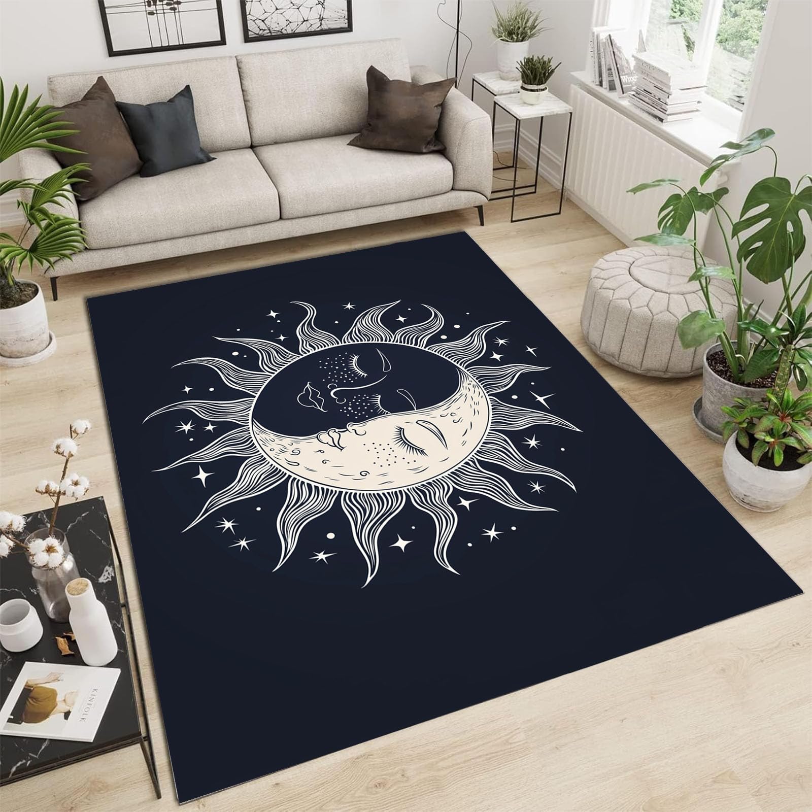 Tapis de sol moderne céleste aux finitions soignées pour un salon raffiné