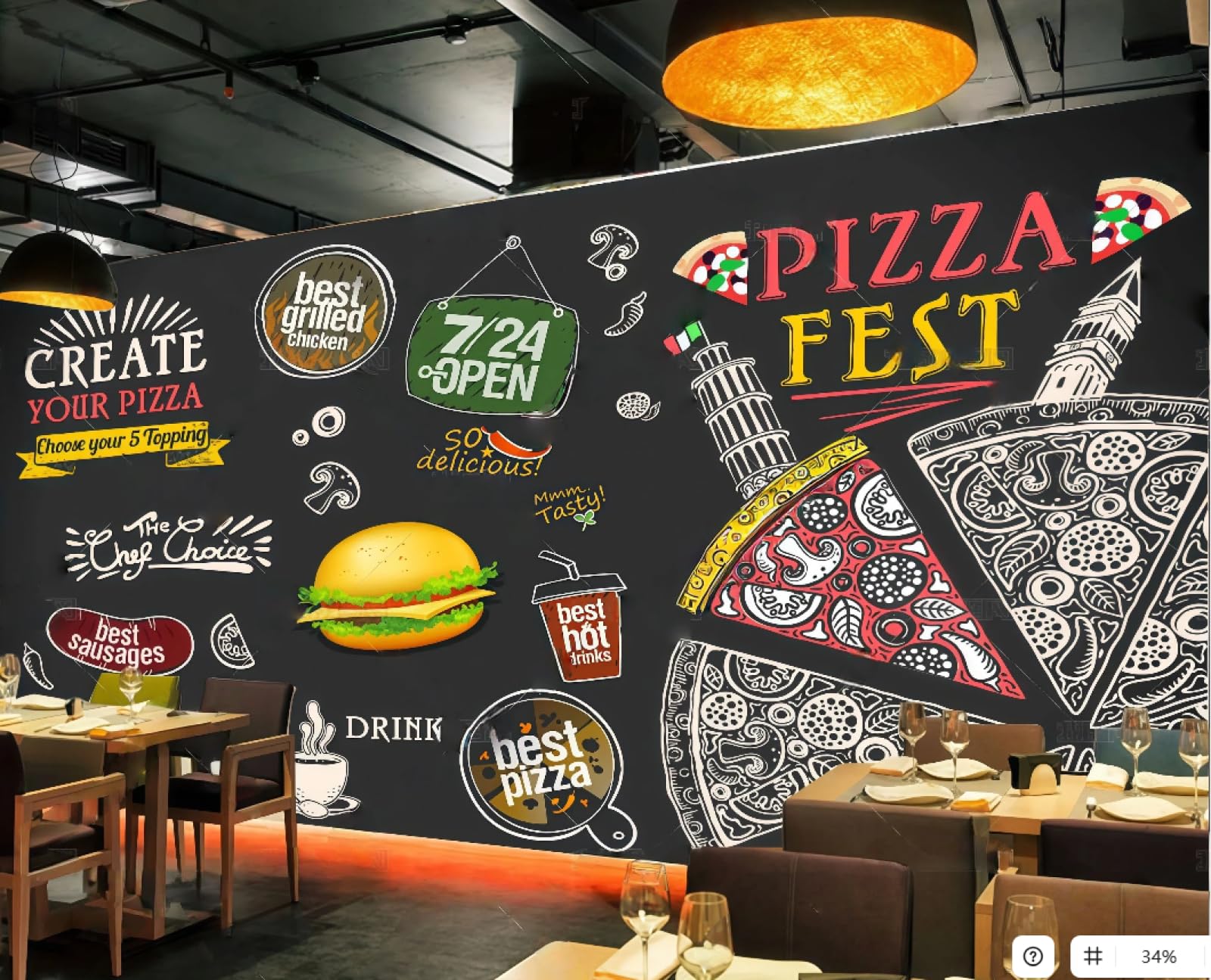 XDOUBAO Wallpaper Retro Blackboard Hand-Painted Catering Burger Pizza Theme Bar Afternoon Tea Western Restaurant Background Wall Wallpaper Coffee Shop Mural,3D,250x175cm