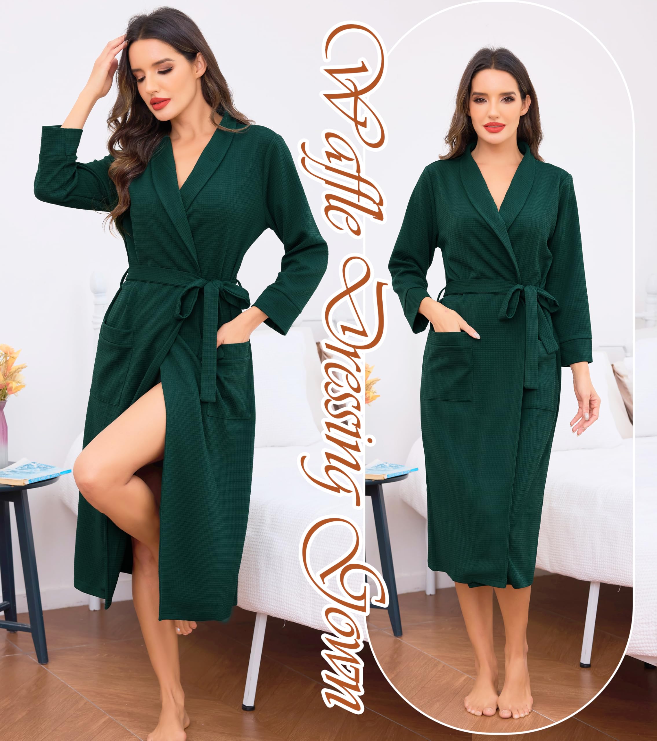 Vlazom Albornoz para mujer, de punto gofre, ligero, largo, de algodón suave, cuello de chal, albornoz de spa con bolsillos para todas las estaciones, S-3XL