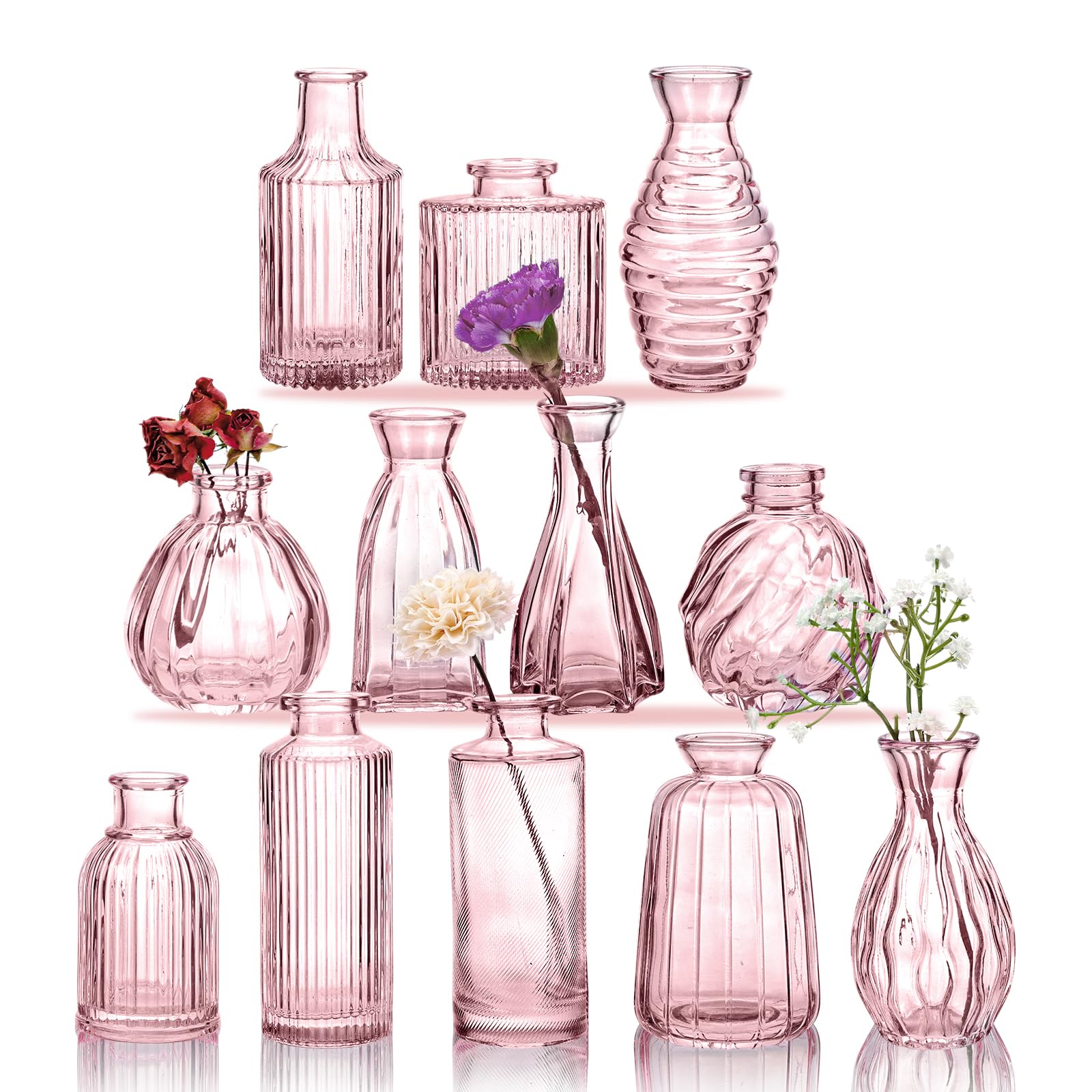 CEWOR 12pcs Glass Bud Vase Set, Small Vases for Flowers, Bud Vases for Centerpieces Mini Flower Vases in Bulk for Rustic Wedding Decorations Vintage Look Home Table Decor (Pink)