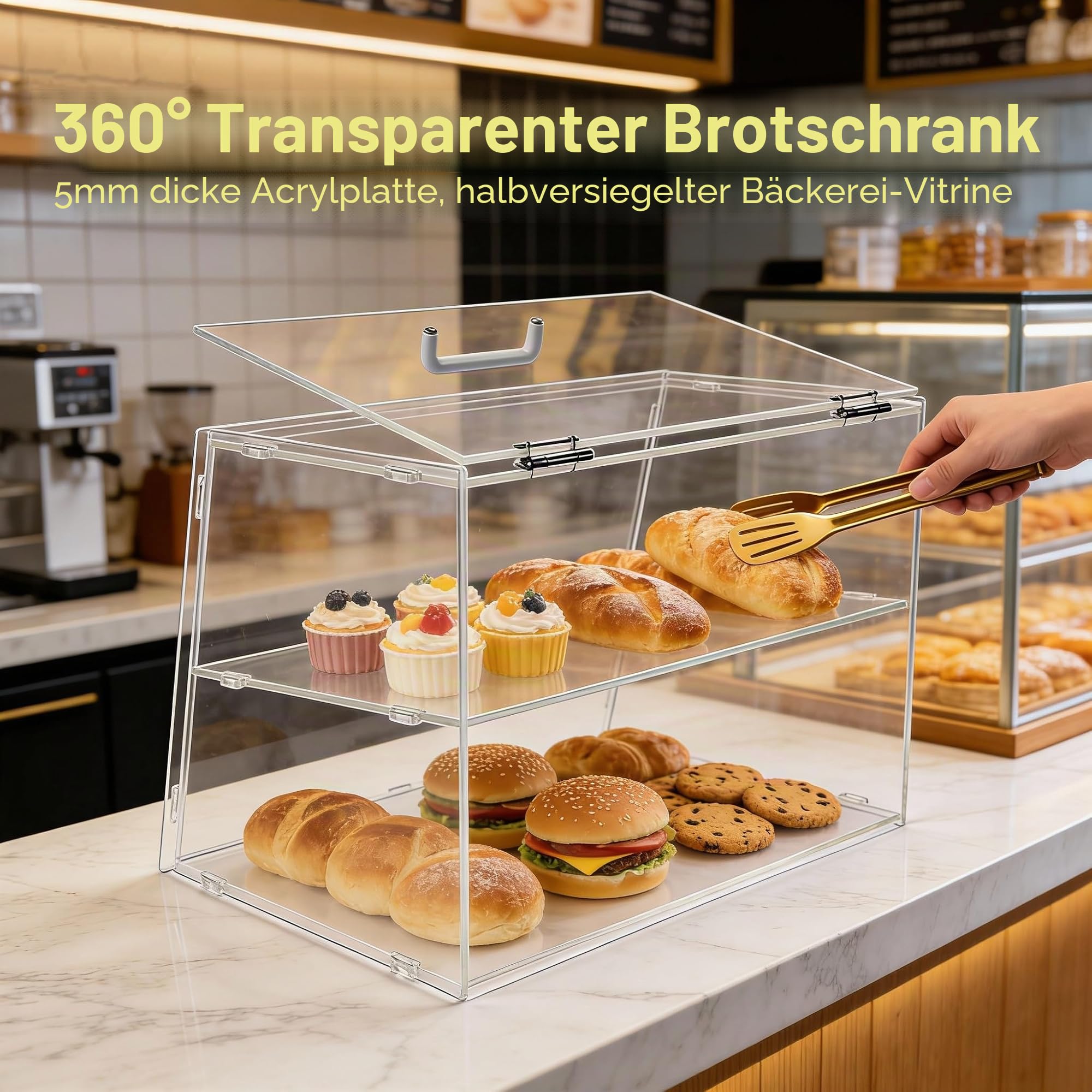 2-Ebenen-Bäckerei-Vitrine mit hinterer Hebetür, Gebäck-Vitrine für Küchenarbeitsplatte, Acryl-Klarsicht-Lebensmittel-Vitrine, hält Donuts, Bagels, Kuchen und Kekse frisch