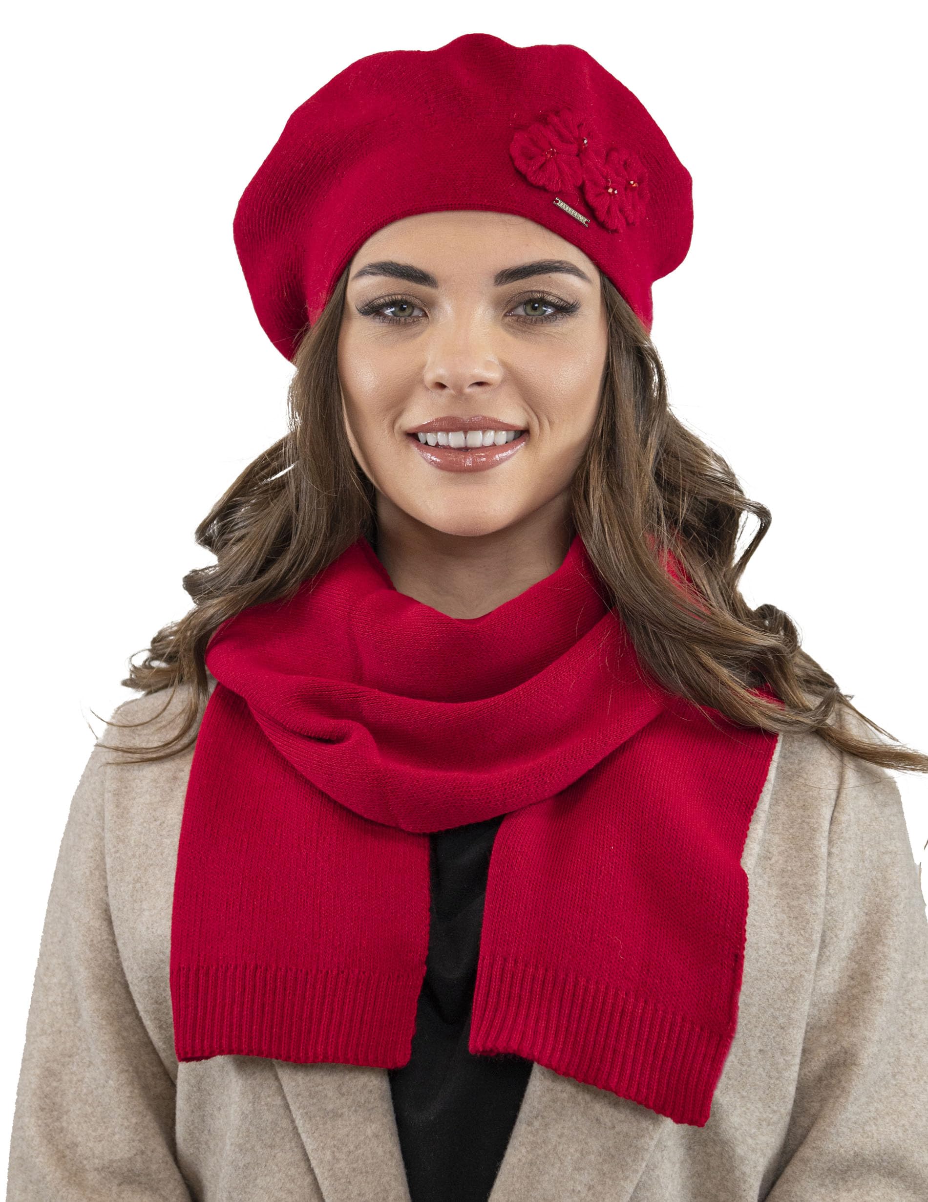 VIVISENCE Femme Le Béret pour L'automne Et l'hiver Élégant Style Classique Ajustement Parfait Orné d'une Application Florale Mélange Chaud De Laine Idéal pour Et Cadeau Élégant 7006