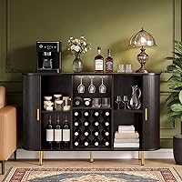 Vista 10 de DHH 55" Gabinete de barra de vino con almacenamiento, gabinete de barra de licor y café estriado con estante de vino y soporte para vasos, aparador
