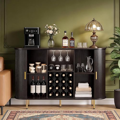 Miniatura 10 de DHH 55" Gabinete de barra de vino con almacenamiento, gabinete de barra de licor y café estriado con estante de vino y soporte para vasos, aparador