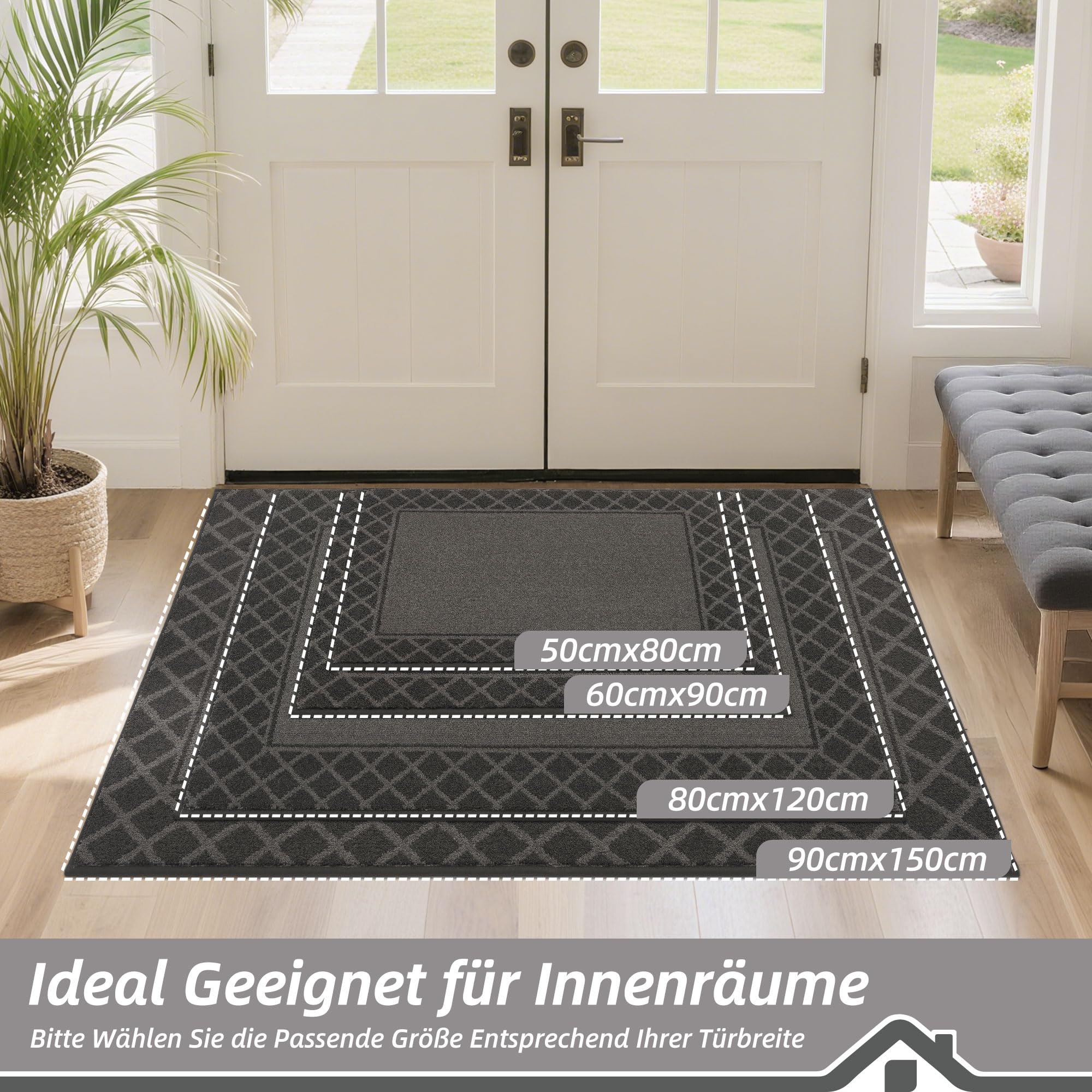 BEQHAUSE Schmutzfangmatte, TPR rutschfest, Polyester, Schwarz, 90x150cm