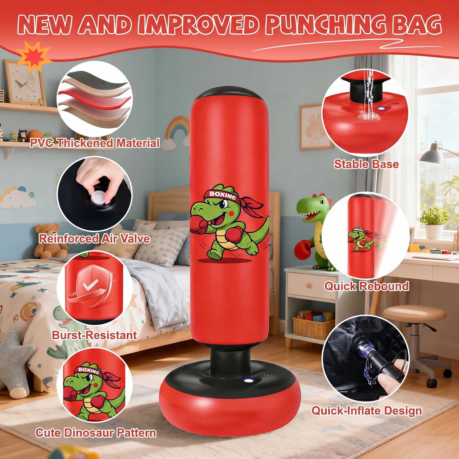 Ninonly 130cm Sacco da Boxe Bambini Motivo a Dinosauro Rosso | Pungiball Bambini con Guantoni e Pompa, Regalo per Bambini e Bambine Età 3+,per Karate e Taekwondo