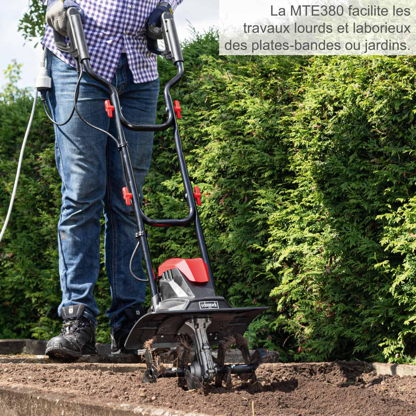 Scheppach Motobineuse MTE380 Motobineuse électrique | Puissance 1050W | Haies Ø205mm | Largeur de fraisage 360mm | Vitesse de hachage 400 1/Min | Démarrage immédiat avec disjoncteur | Pliable