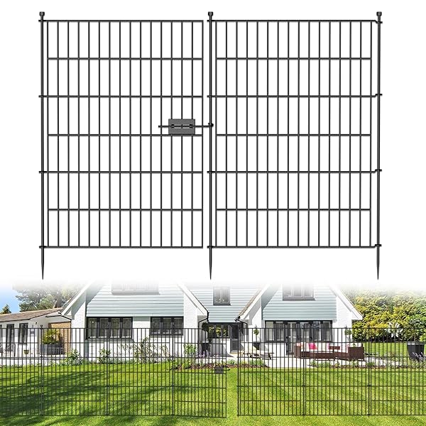 10 Panels No Dig Decorative Outdoor Garden Fence with Gate for Yard, 40 in(H) X 23.6 ft(L) Animal Barrier Fencing Rustproof Metal Wire Panel Border for Dog, Rabbits, and Patio Temporary Ground Stakes