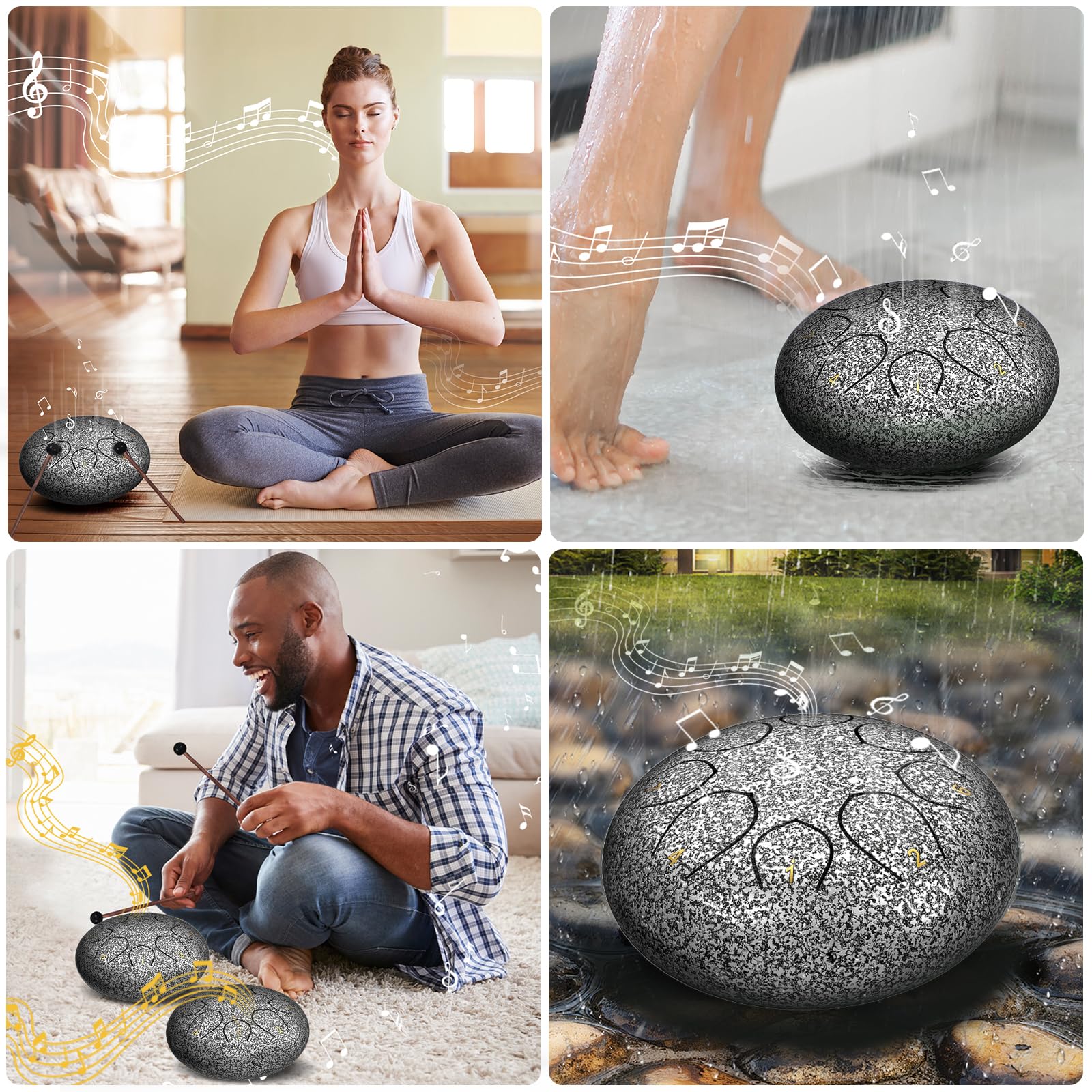 Rain Drum for Outside Garden, 6 Inches 8 Notes Steel Tongue Chakra Drums, Waterproof Meditation Rain Chime, Musical Instruments for Adult Gift with Bag, Music Book, Drum Mallets (Star Sliver) 6