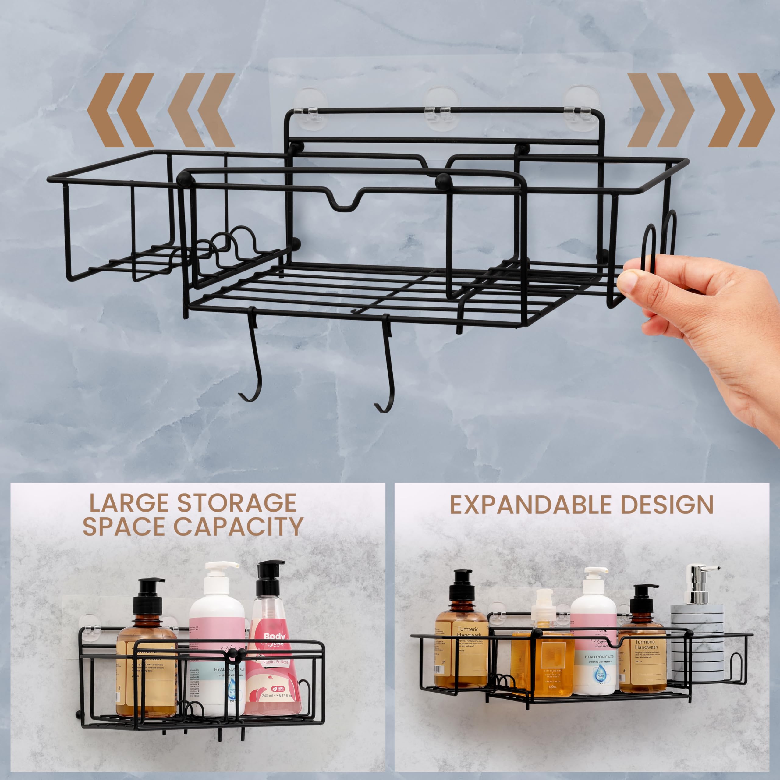 BELLE VOUS 2 Mensole Doccia - Porta Oggetti Bagno Shampoo - Dimensioni Mensola Adesiva 23-43 cm - Accessori Portaoggetti da Appendere Senza Forare - Nero
