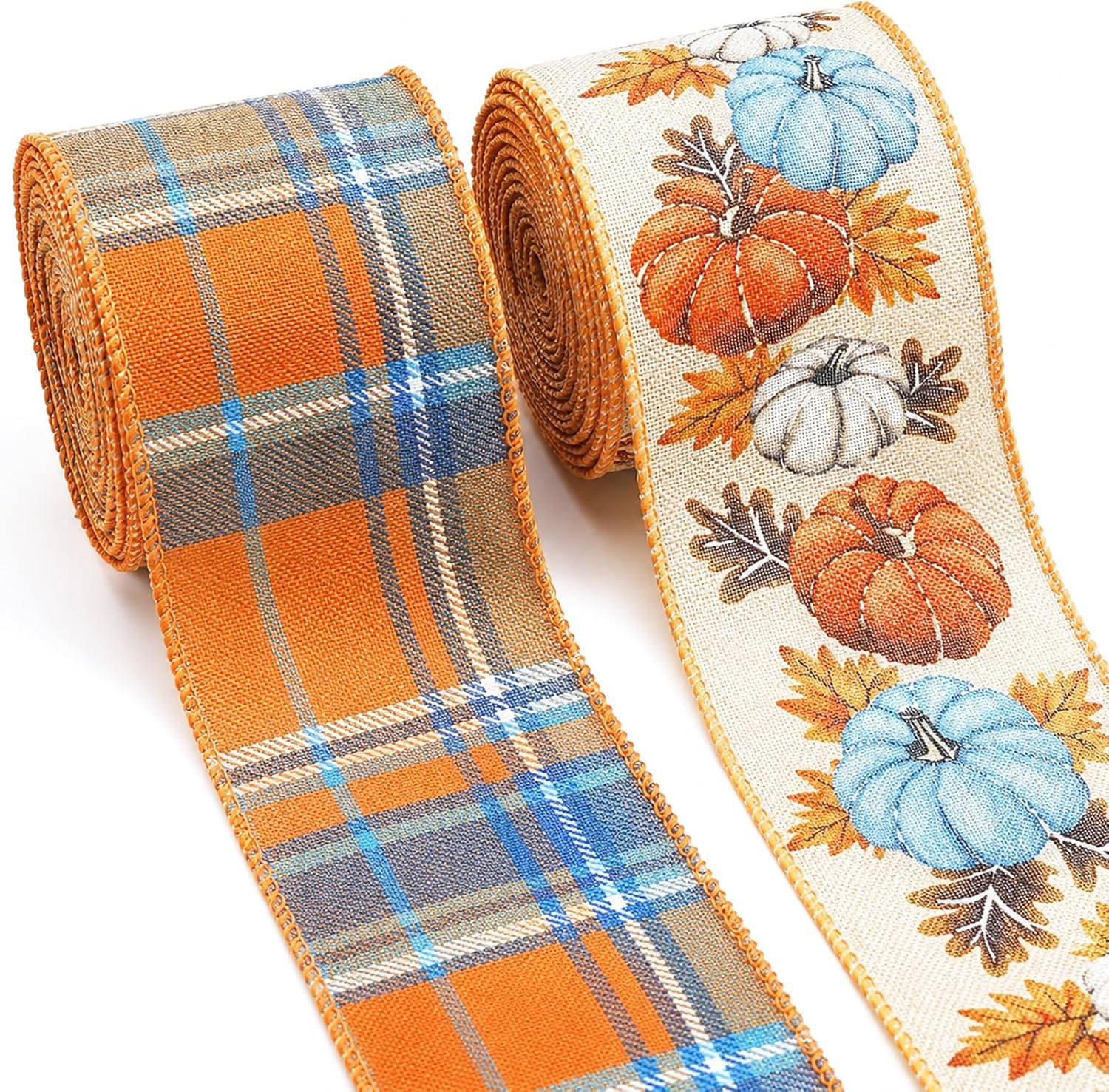 JarThenaAMCS 2 Rolls Fall Wired Edge Ribbon 2.5 Inch Orange Blue Pumpkin Maple Leaves Plaid Fabric Ribbons for Autumn Thanksgiving Wreath Bow DIY Craft Gift Wrapping Supplies, 20 Yard