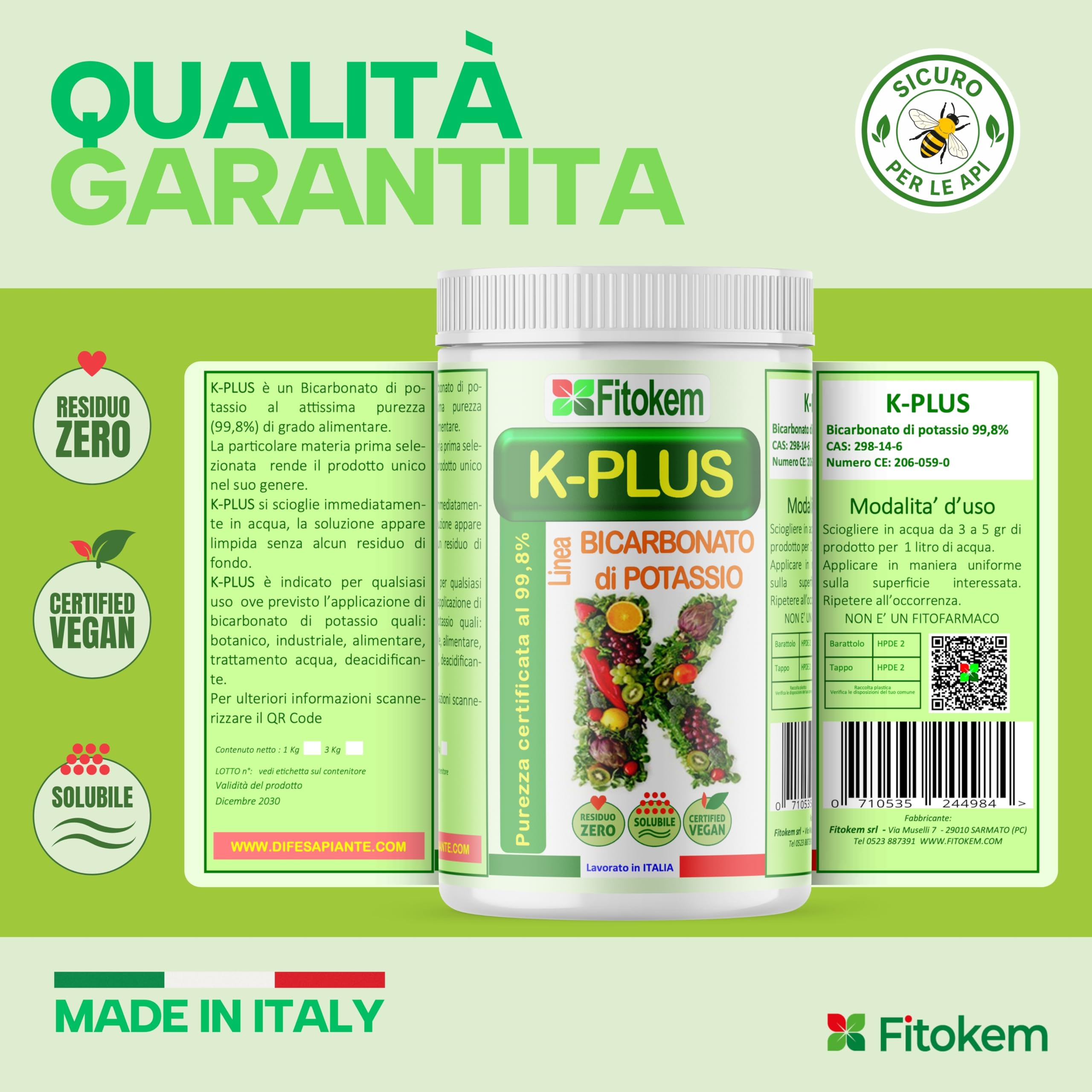 Fitokem K Plus Bicarbonato di Potassio 1KG Fertilizzante Fungicida Universale per Piante