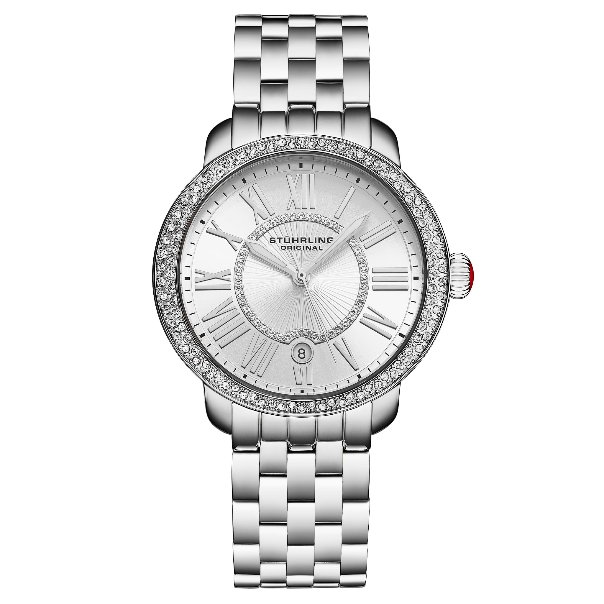 Stuhrling Original Celestia 4080 Women’s 38mm Quartz Watch – Crystal Bezel, Sunray Dial, Roman Numerals, Date Display, Stainless Steel Bracelet, Butterfly Clasp