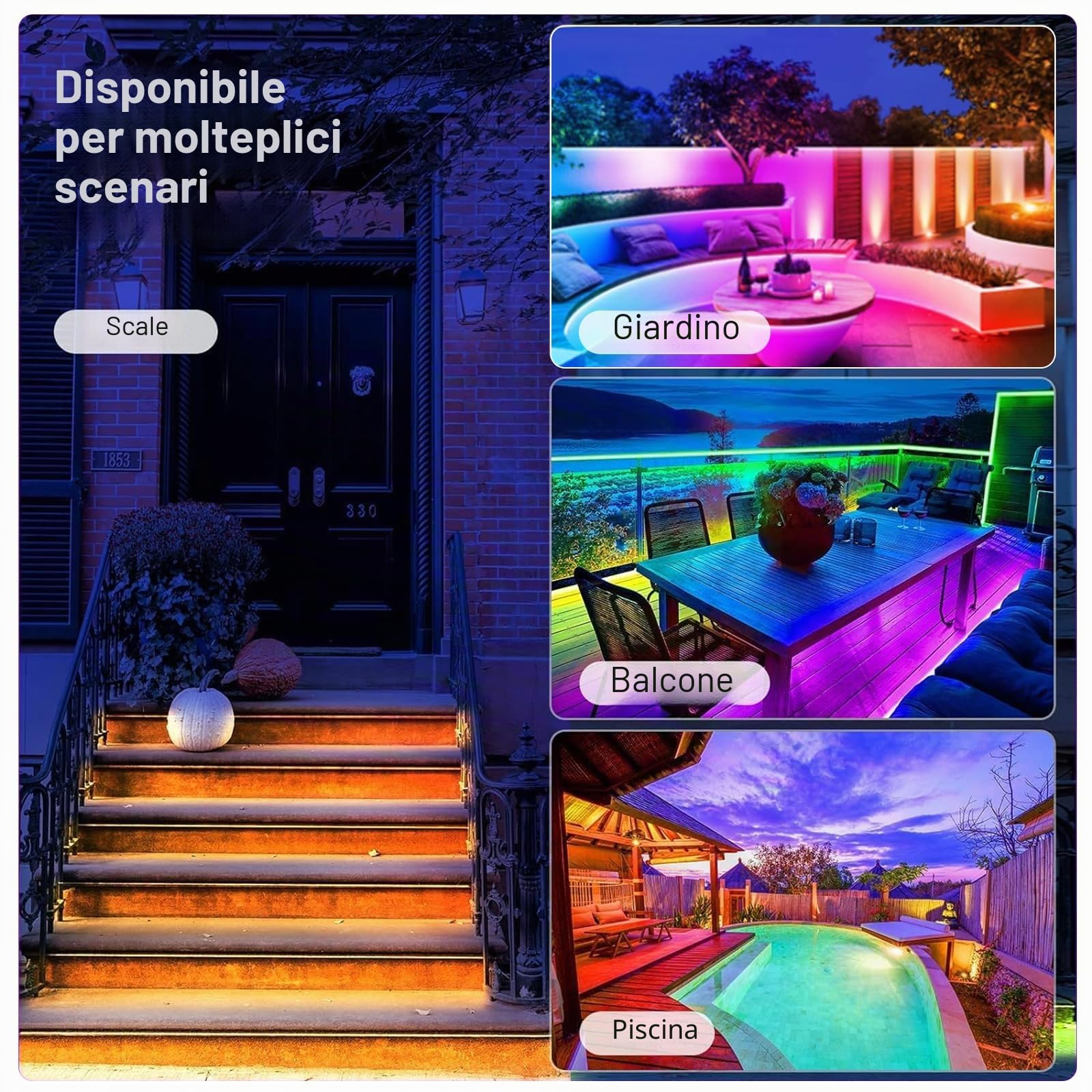 Striscia LED per esterni, impermeabile, 15 m RGBCW, striscia LED solare per esterni, autoadesiva, accensione/spegnimento automatico, 16 colori e 4 modalità, con telecomando