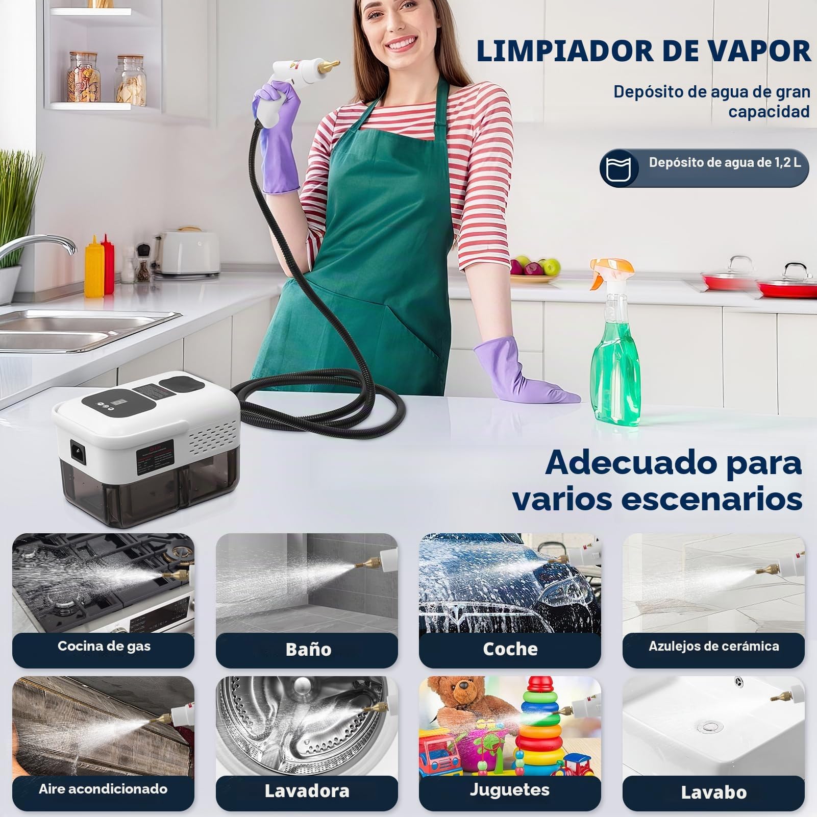 2500 W - Limpiador a vapor de mano, 3 bares de alta temperatura para una limpieza eficiente del hogar, 9 modos ajustables, capacidad de 1,2 L (blanco)