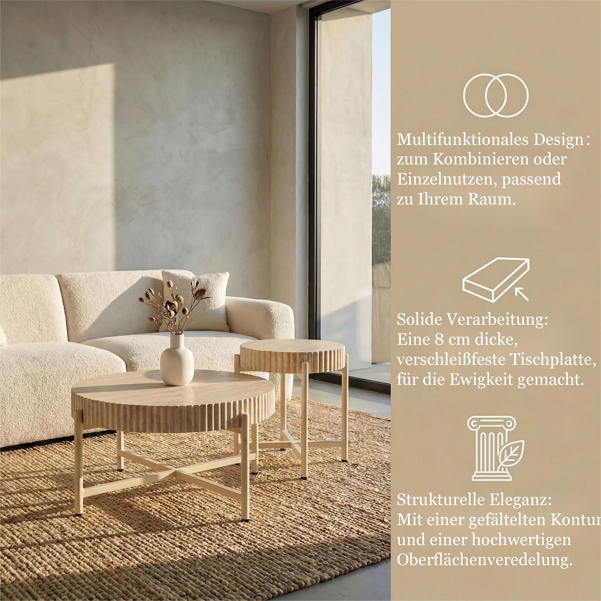 Beistelltische 2er Set, Moderne Metallgestell Beistelltische mit Travertinoptik Tischplatte, Sofatisch für Wohnzimmer, Schlafzimmer und Büro