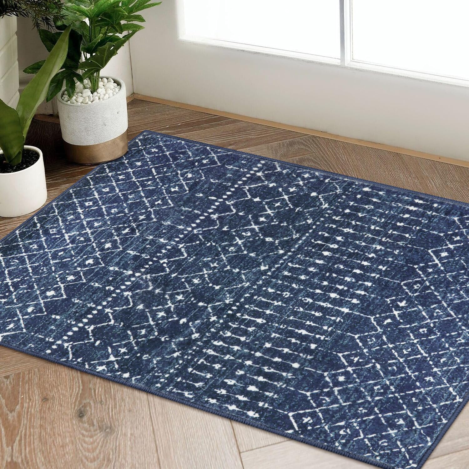 Moroccan Entry Rugs for Inside House, Washable 2x3 Rug Non Slip Geometric Indoor Rugs for Entryway, Blue Soft Low-Pile Small Rug for Kitchen Bedroom Bathroom