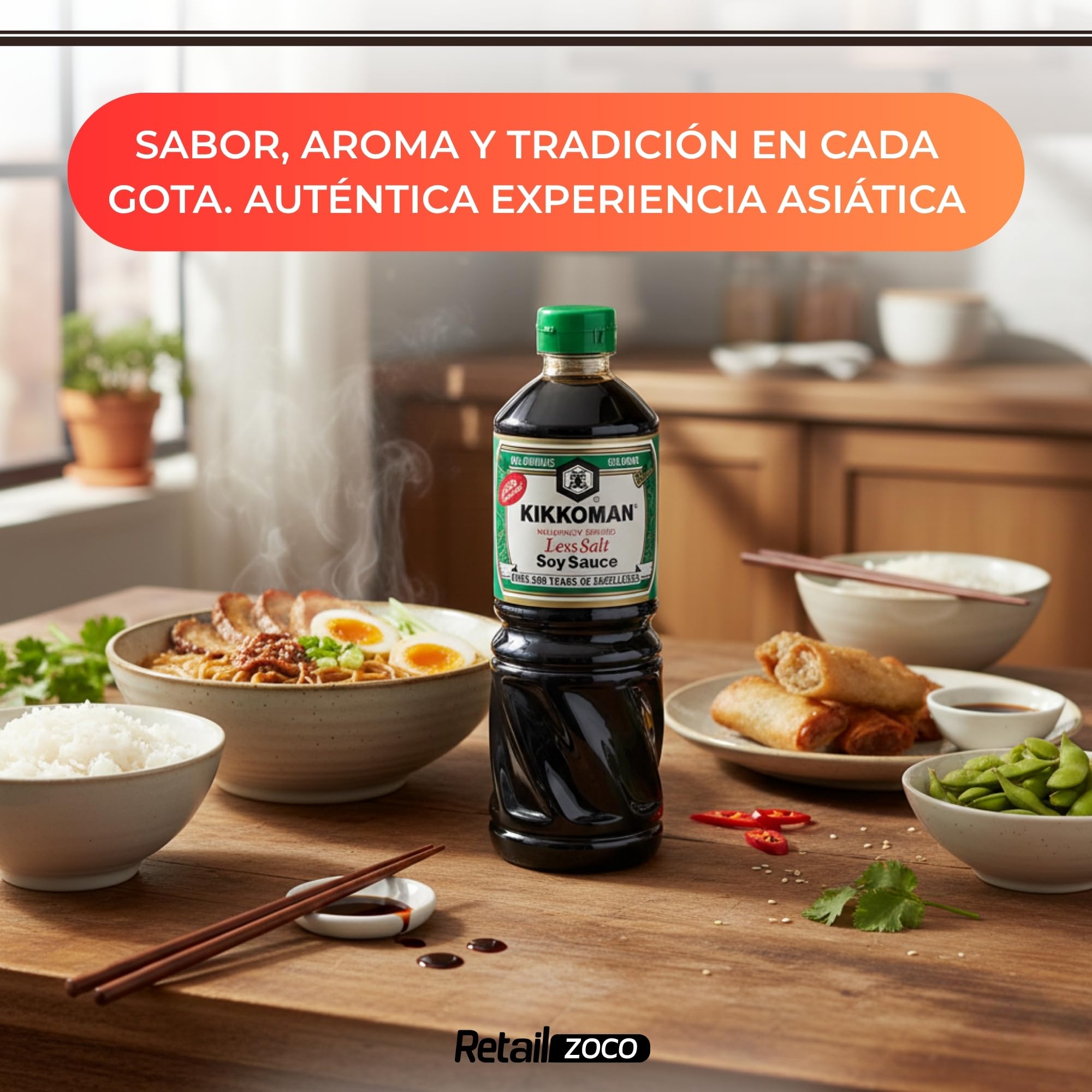 Salsa de Soja baja en sal, Salsa para Sushi, Soja Japonesa, ingredientes son 100% naturales sin aditivos ni conservantes, Para verduras, sopas, guisos, hacer salsas o aliñar las ensaladas, 975 ml