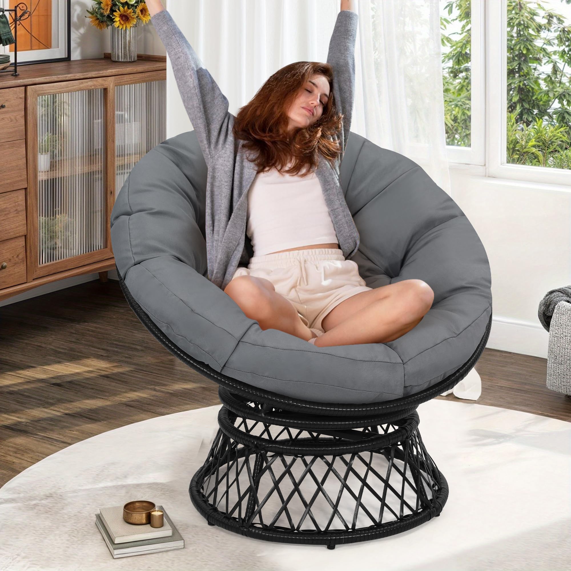 KROFEM 40" Ergonomic Wicker Papasan Chair, 360° Swivel Indoor Outdoor Rattan Chair with Soft Thick Cushion, Ideal for Living Room, Bedroom, Reading